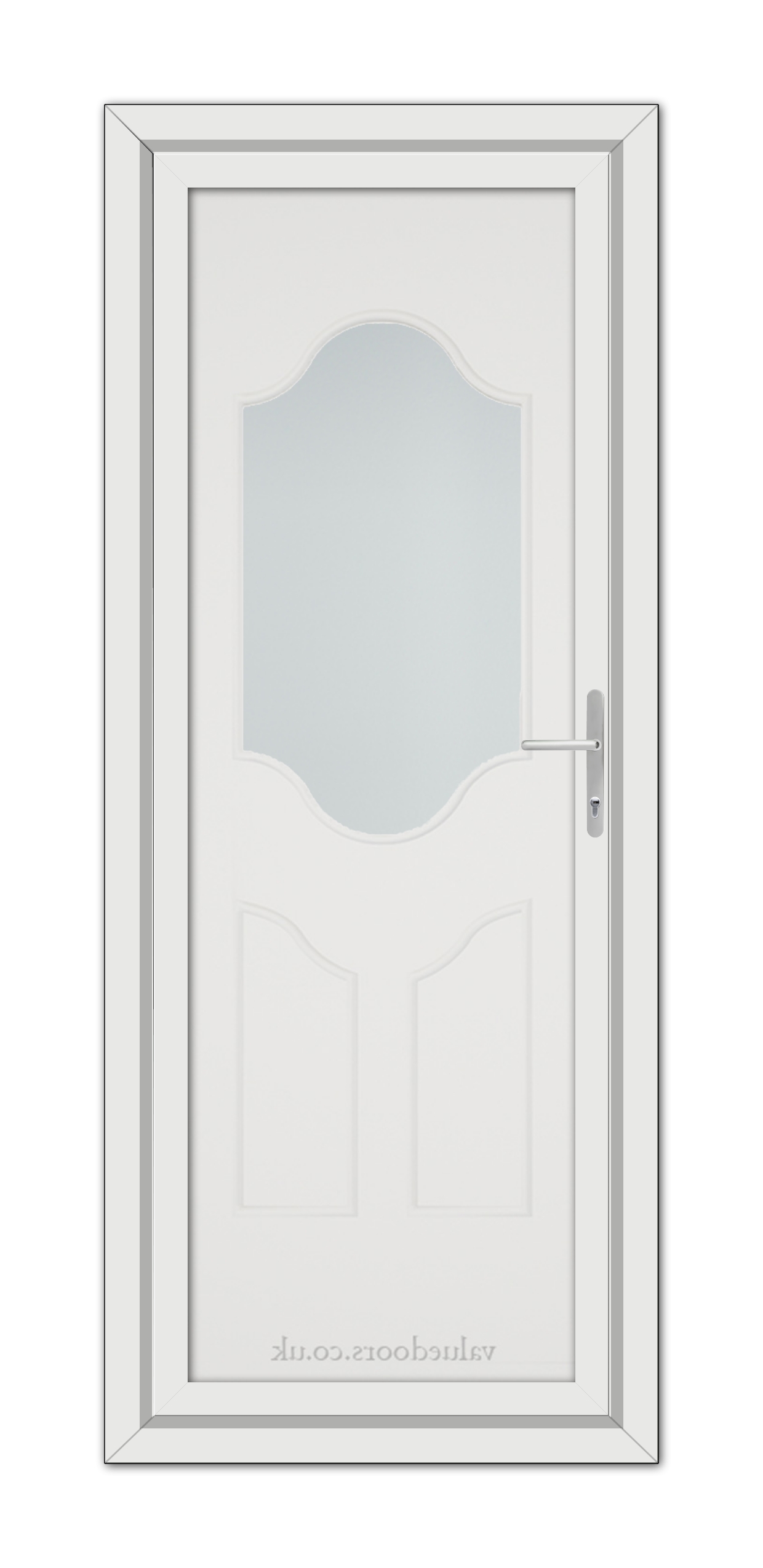A vertical image of a White Althorpe One uPVC Door with an upper arch-shaped glass pane and a modern handle, featuring a "luckydoor.co" watermark at the bottom.