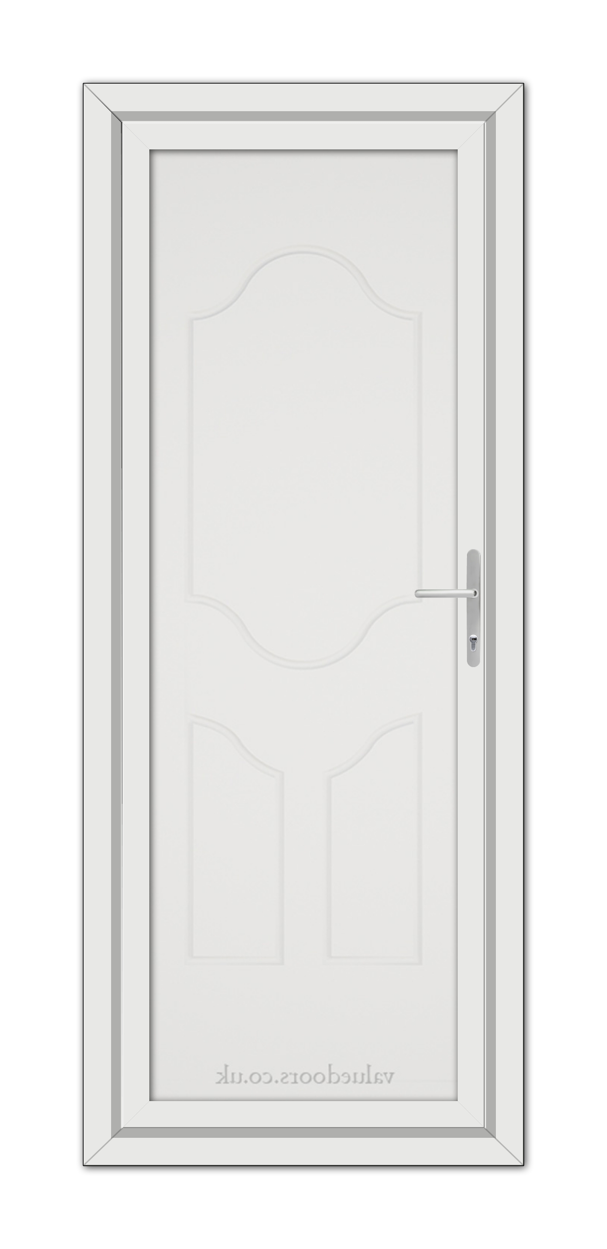 A vertical image of a closed White Althorpe Solid uPVC Door with a silver handle, set within a grey frame, presented against a white background.