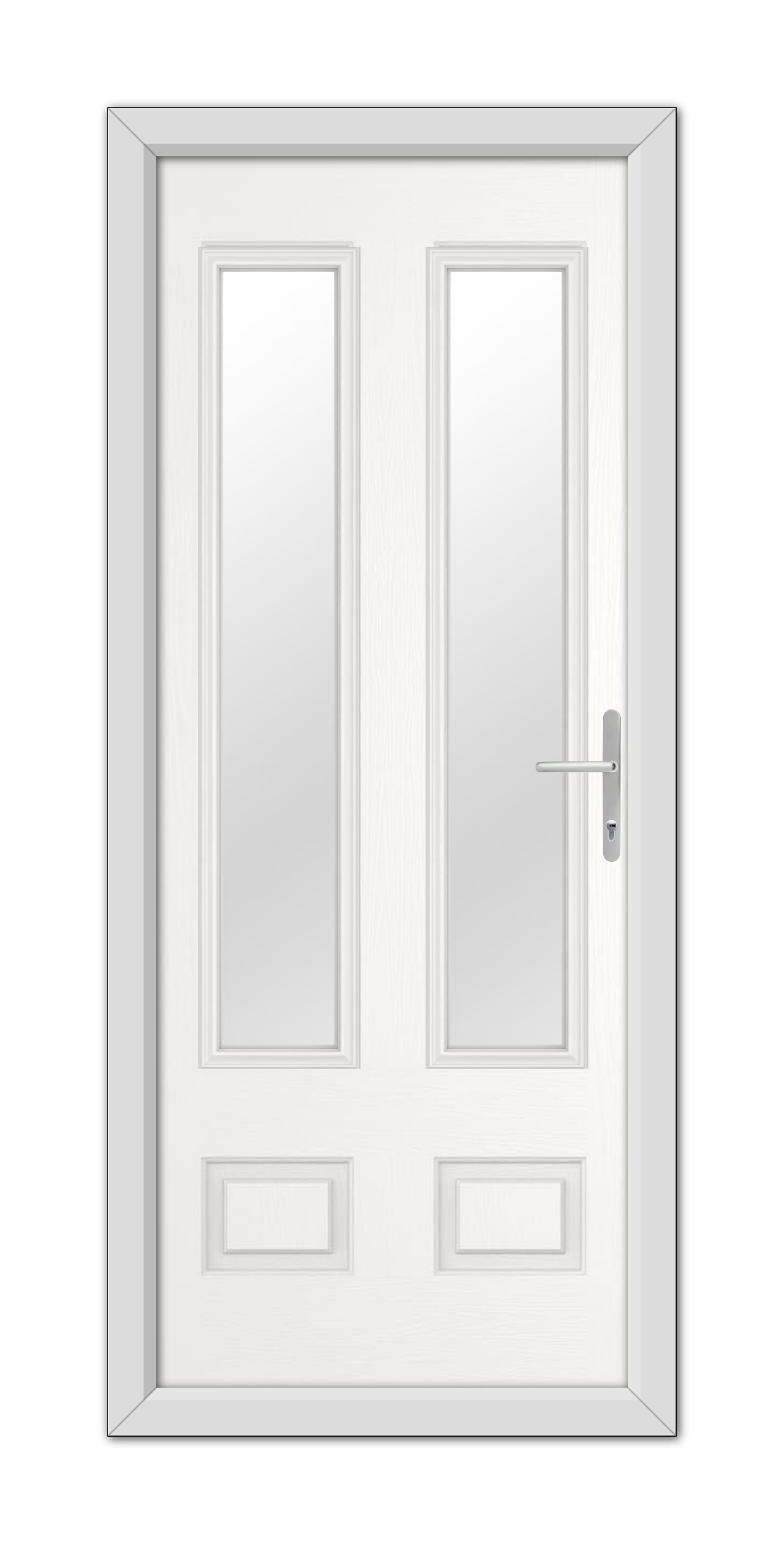White Aston Glazed 2 Composite Door 48mm Timber Core double doors with a modern handle and glass panels, set within a simple frame, viewed from the front.