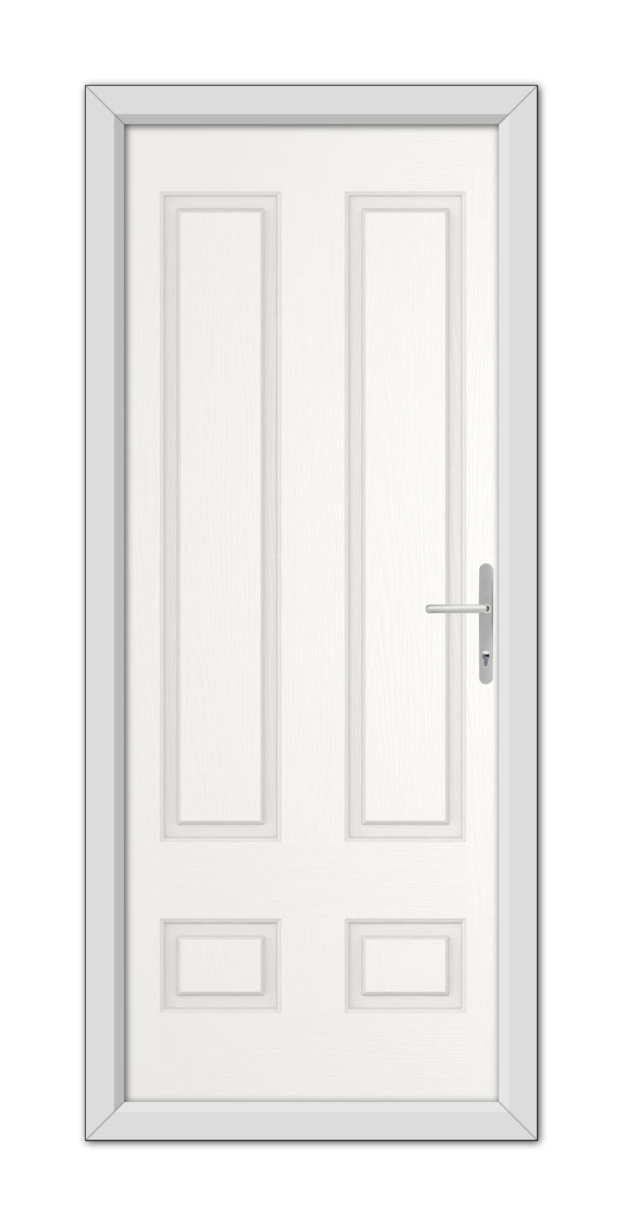 A White Aston Solid Composite Door 48mm Timber Core with a simple design featuring panels and a metallic handle, set within a plain frame.