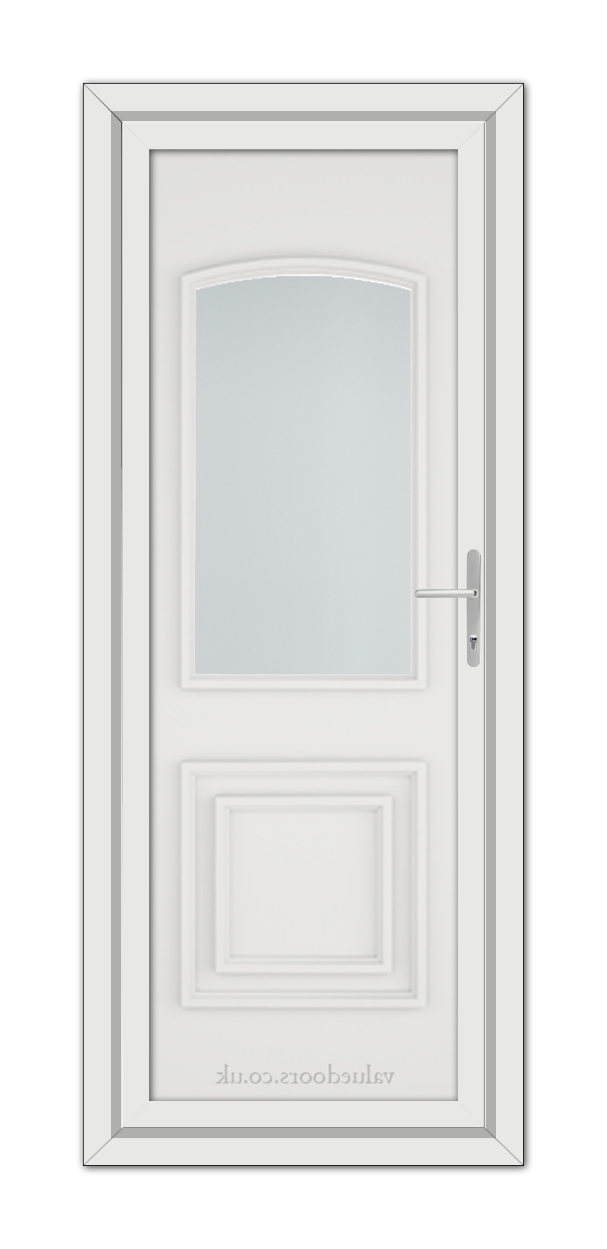 White Balmoral Classic uPVC Door featuring a vertical, oval glass panel at the top and a rectangular panel at the bottom, with a silver handle on the right.