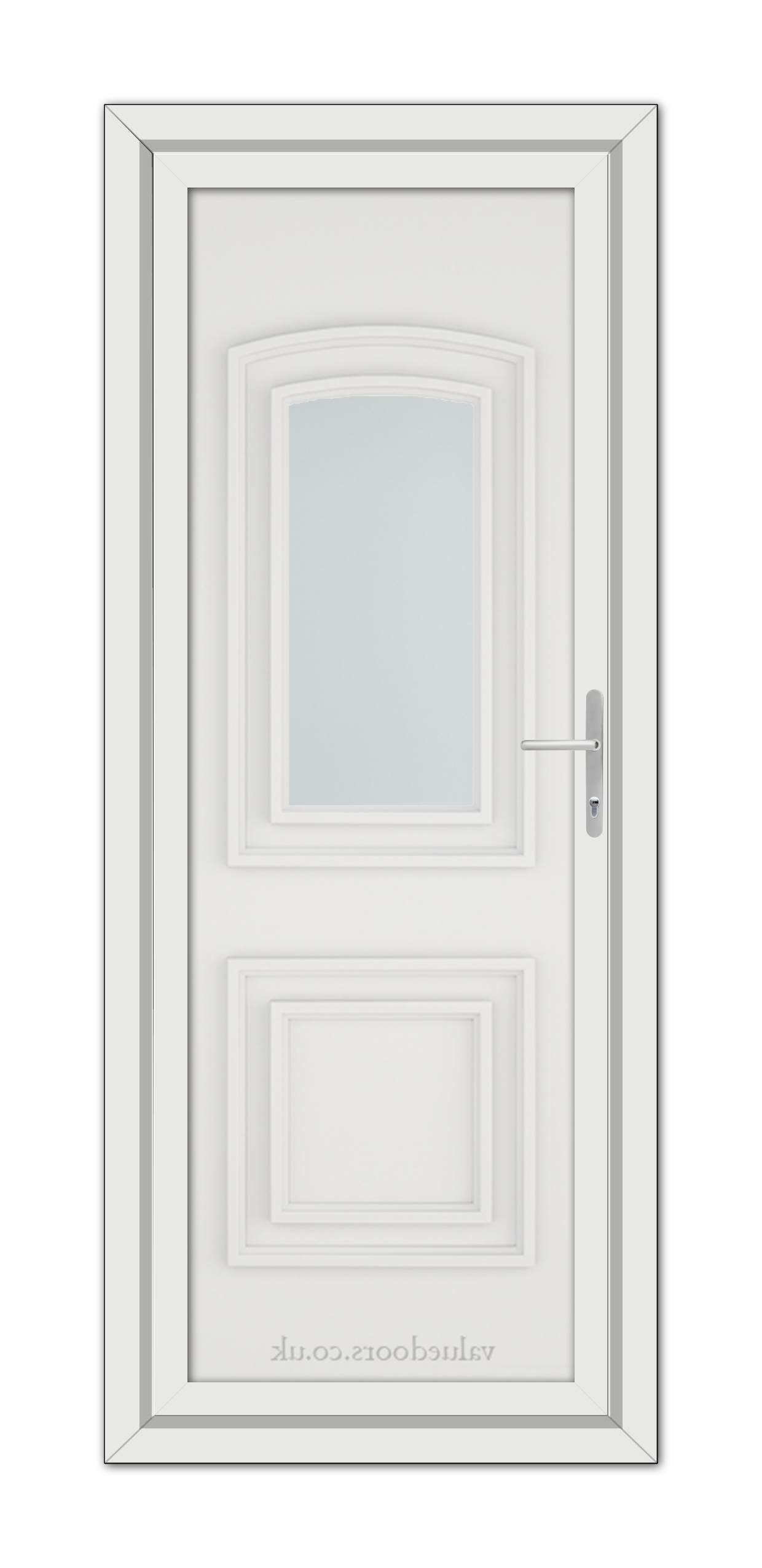 A White Balmoral One uPVC Door with a vertical frosted glass panel and a silver handle, set in a simple frame.
