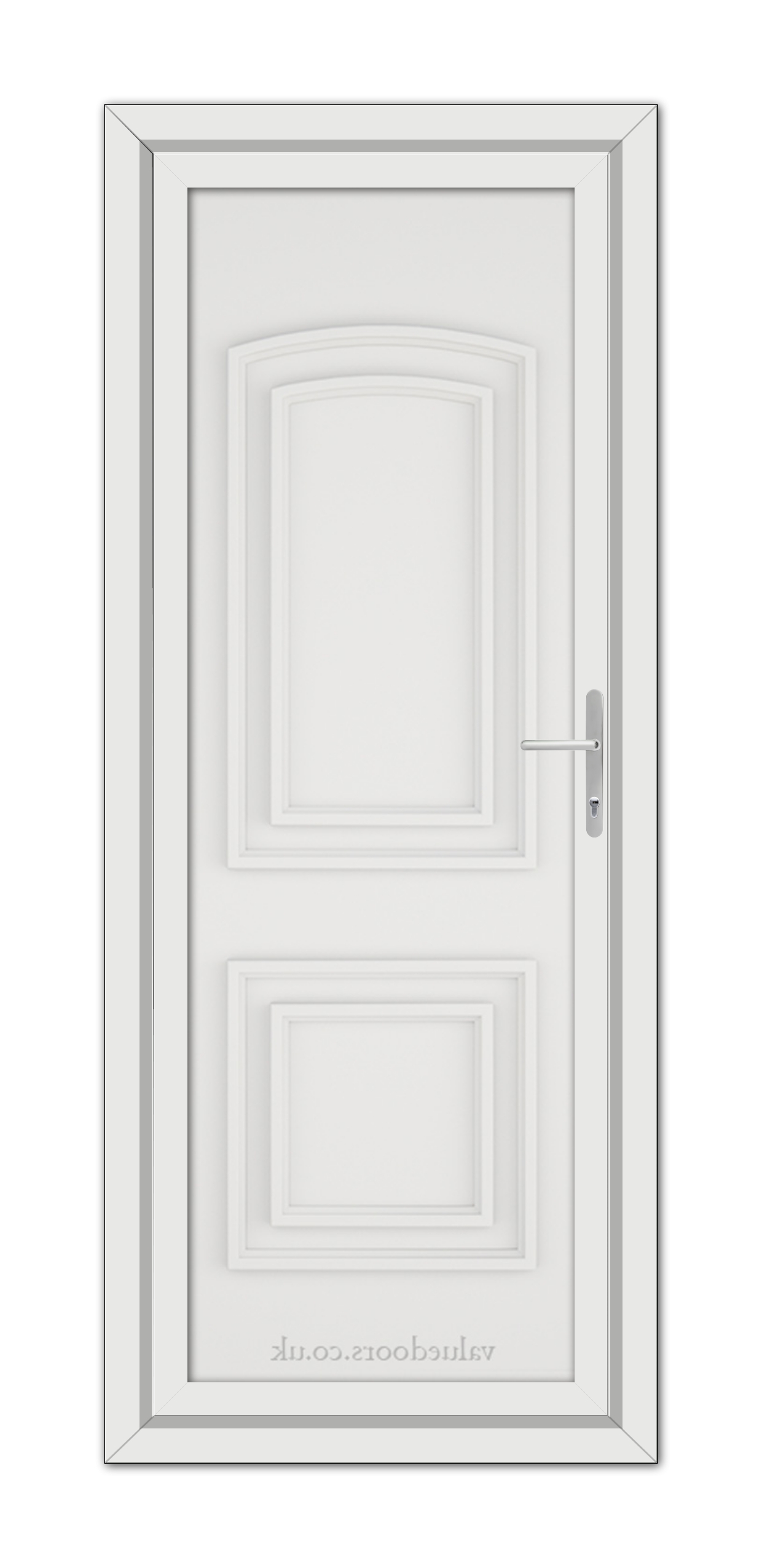 A vertical image of a closed White Balmoral Solid uPVC Door framed in the wall, featuring a rectangular handle on the right side.