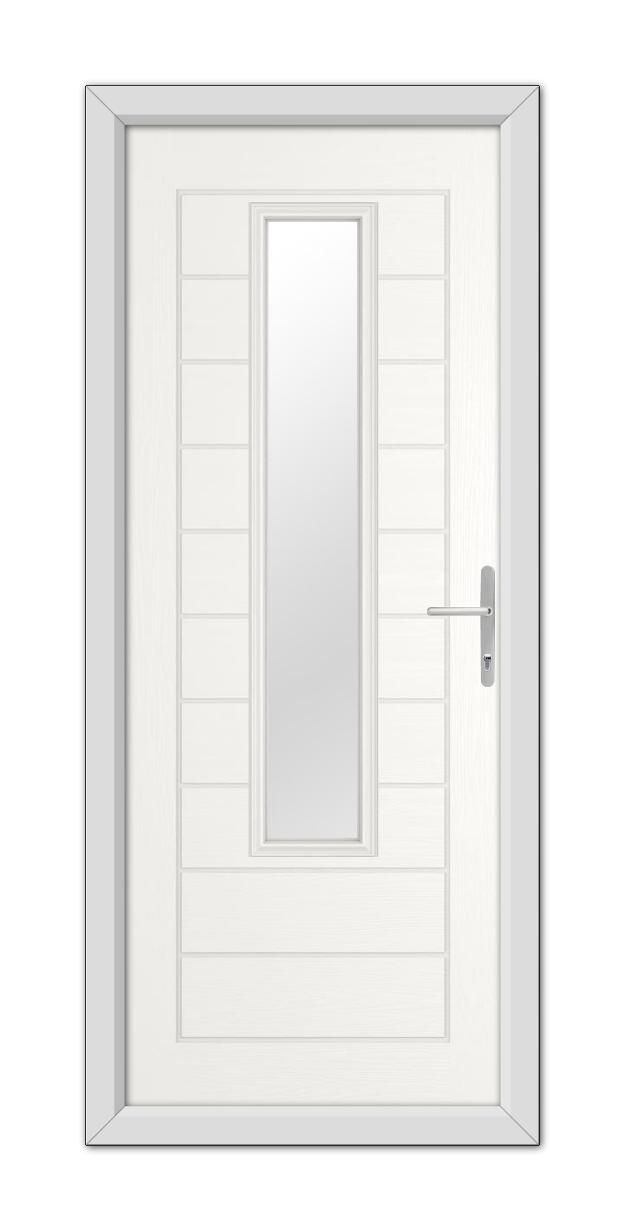 A White Bedford Composite Door 48mm Timber Core with a vertical rectangular glass panel and a metallic handle, surrounded by a simple frame.