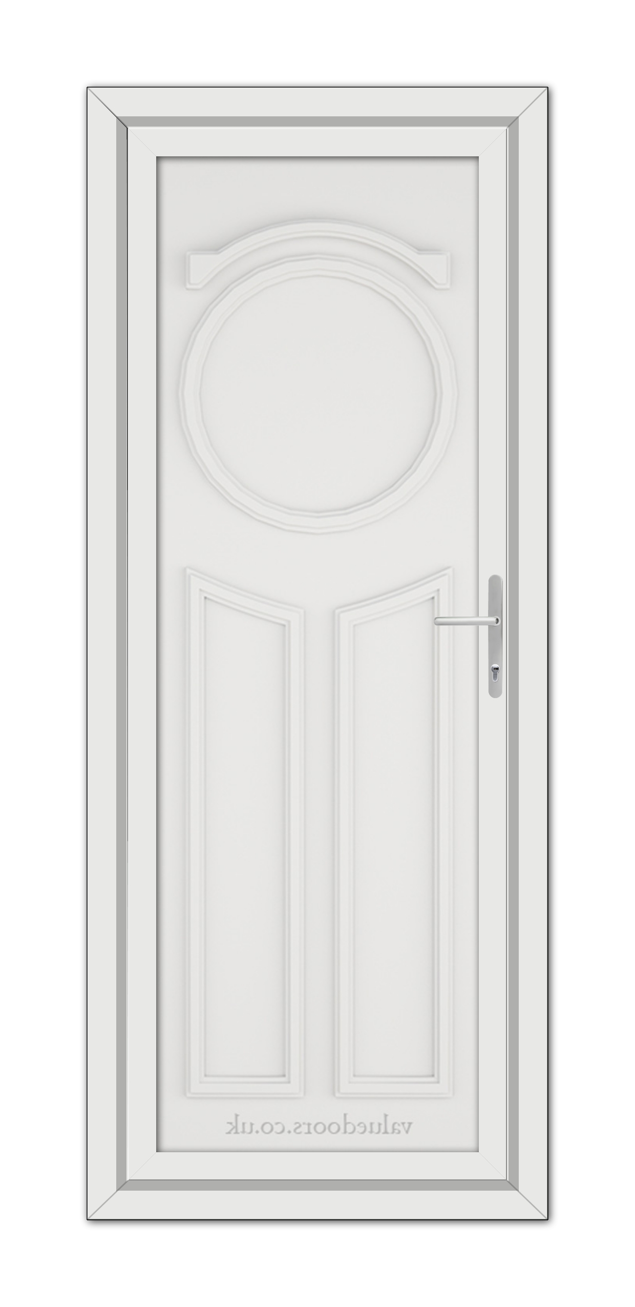 White Blenheim Solid uPVC Door with a circular window at the top and a modern handle, positioned vertically within a frame.