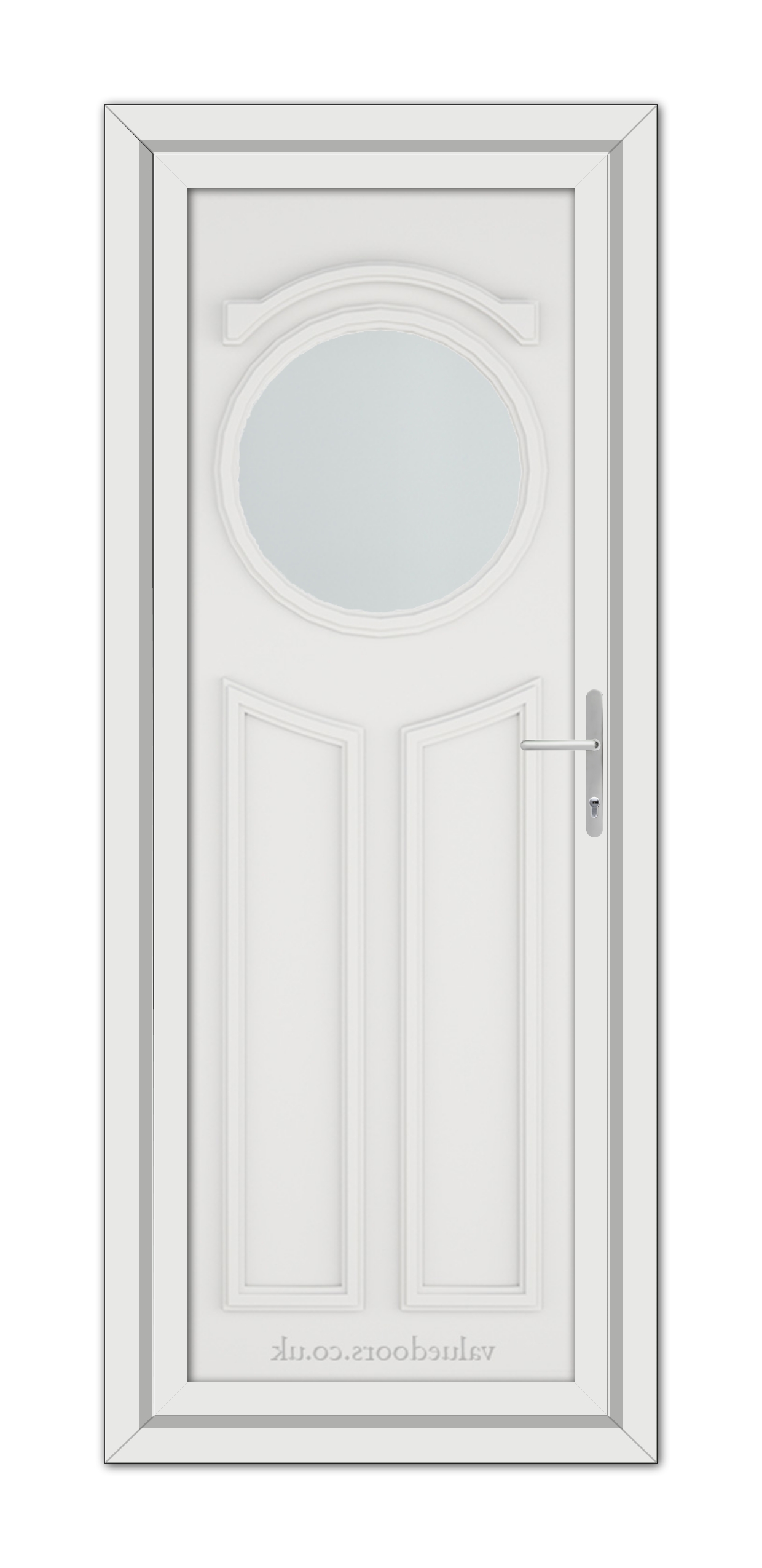 White Blenheim uPVC door featuring an oval glass window at the top, two recessed panels, and a modern handle, set within a simple frame.