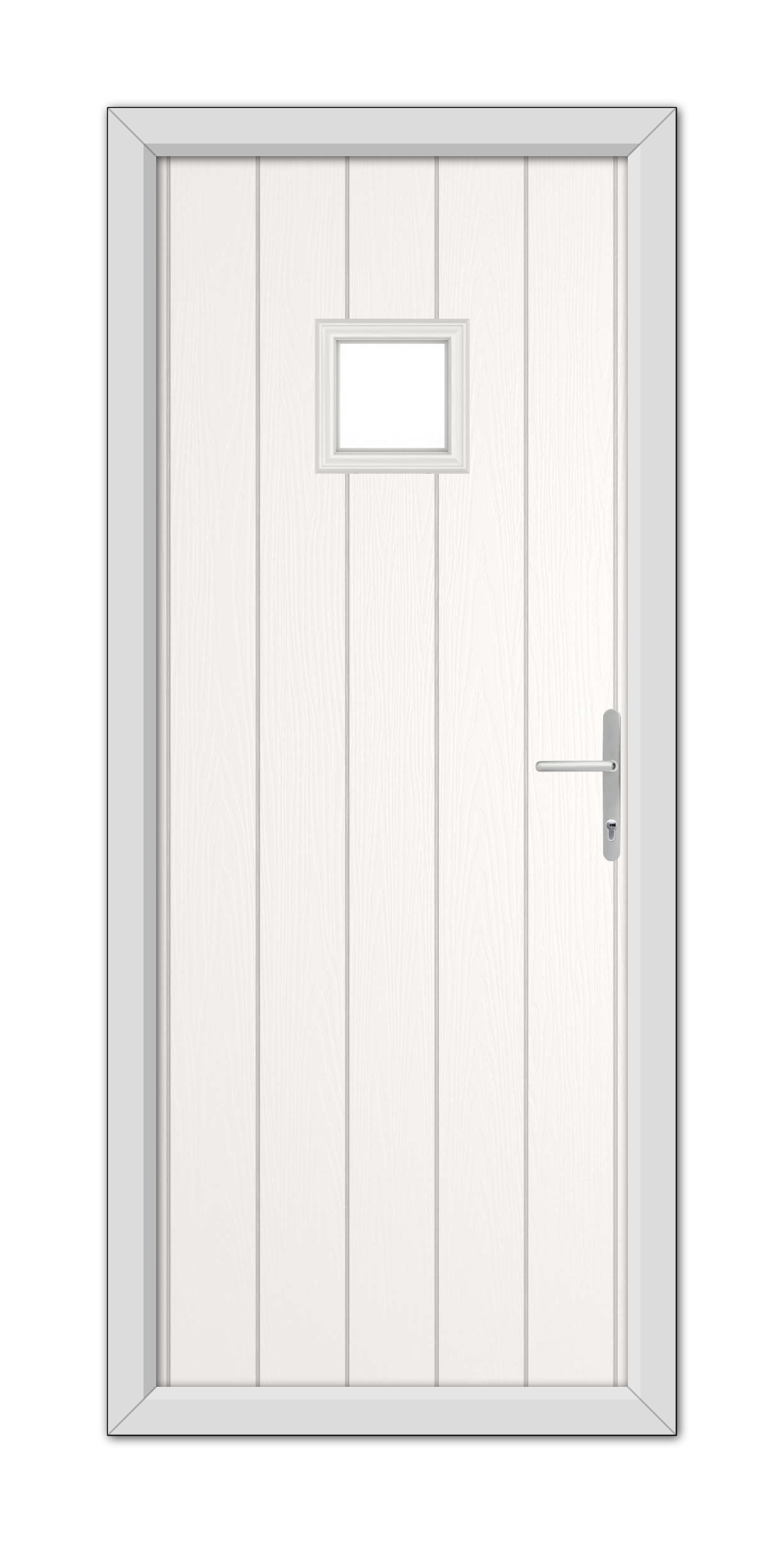 A modern White Brampton Composite Door 48mm Timber Core, featuring a rectangular frosted glass window and a sleek metallic handle, closed within a simple frame.