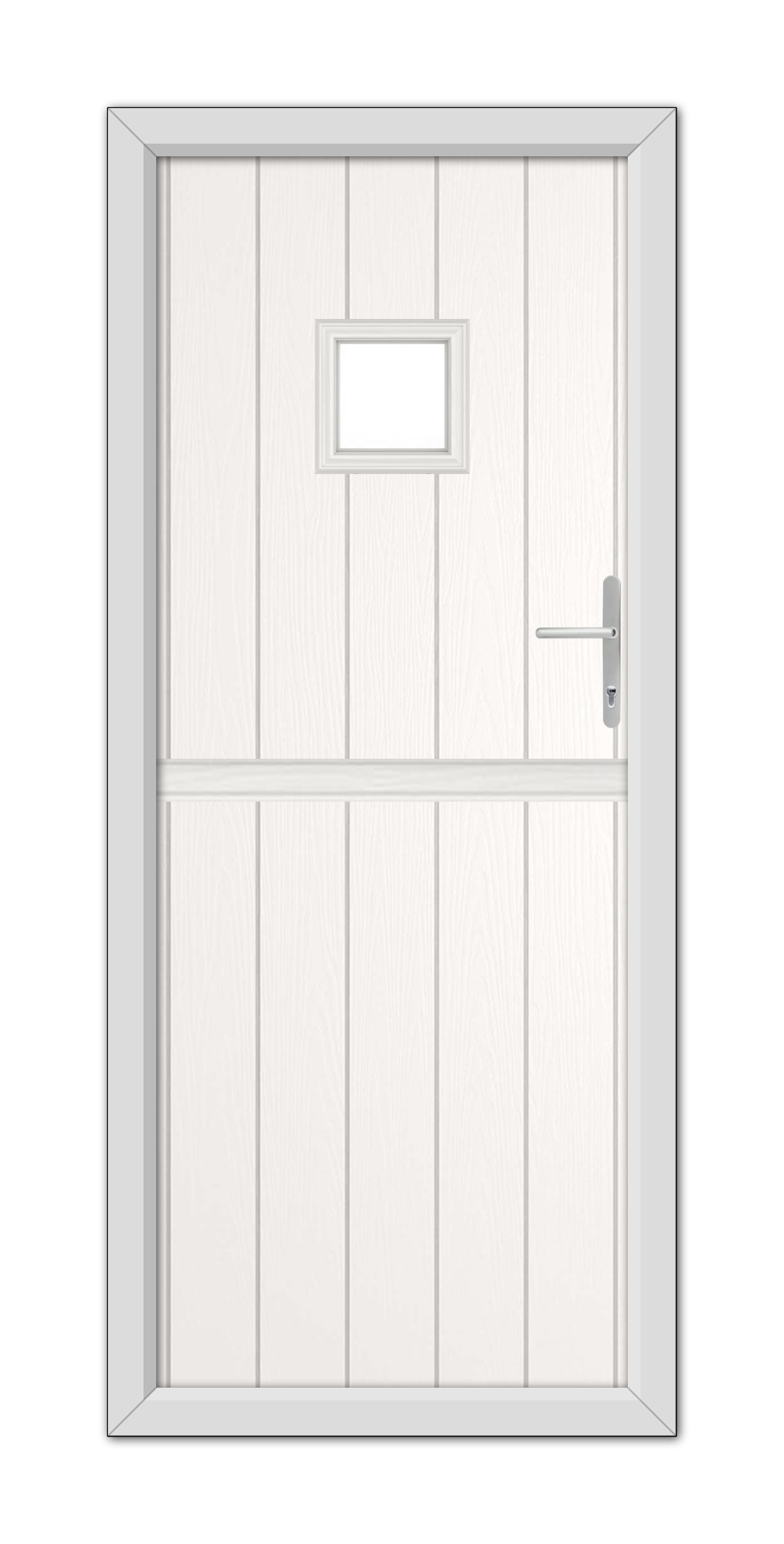 A modern White Brampton Stable Composite Door 48mm Timber Core with a rectangular window at the top, featuring a metal handle on the right side.