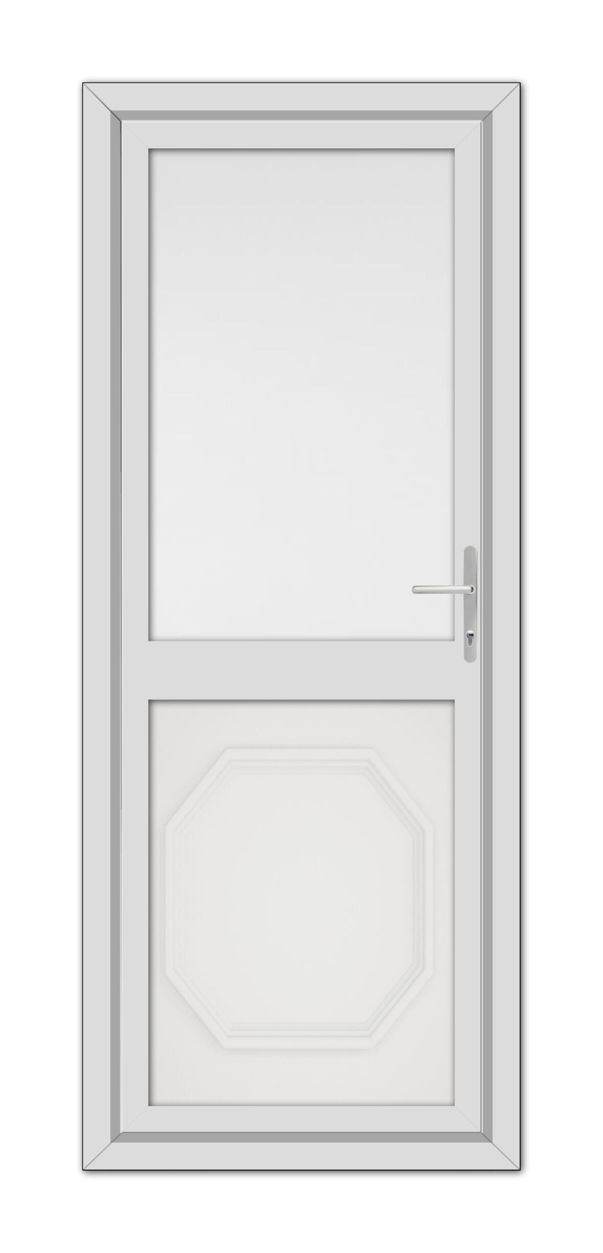 A modern White Buckingham Half uPVC Back Door featuring a rectangular top window, hexagonal lower panel, and a metallic handle, set within a simple frame.