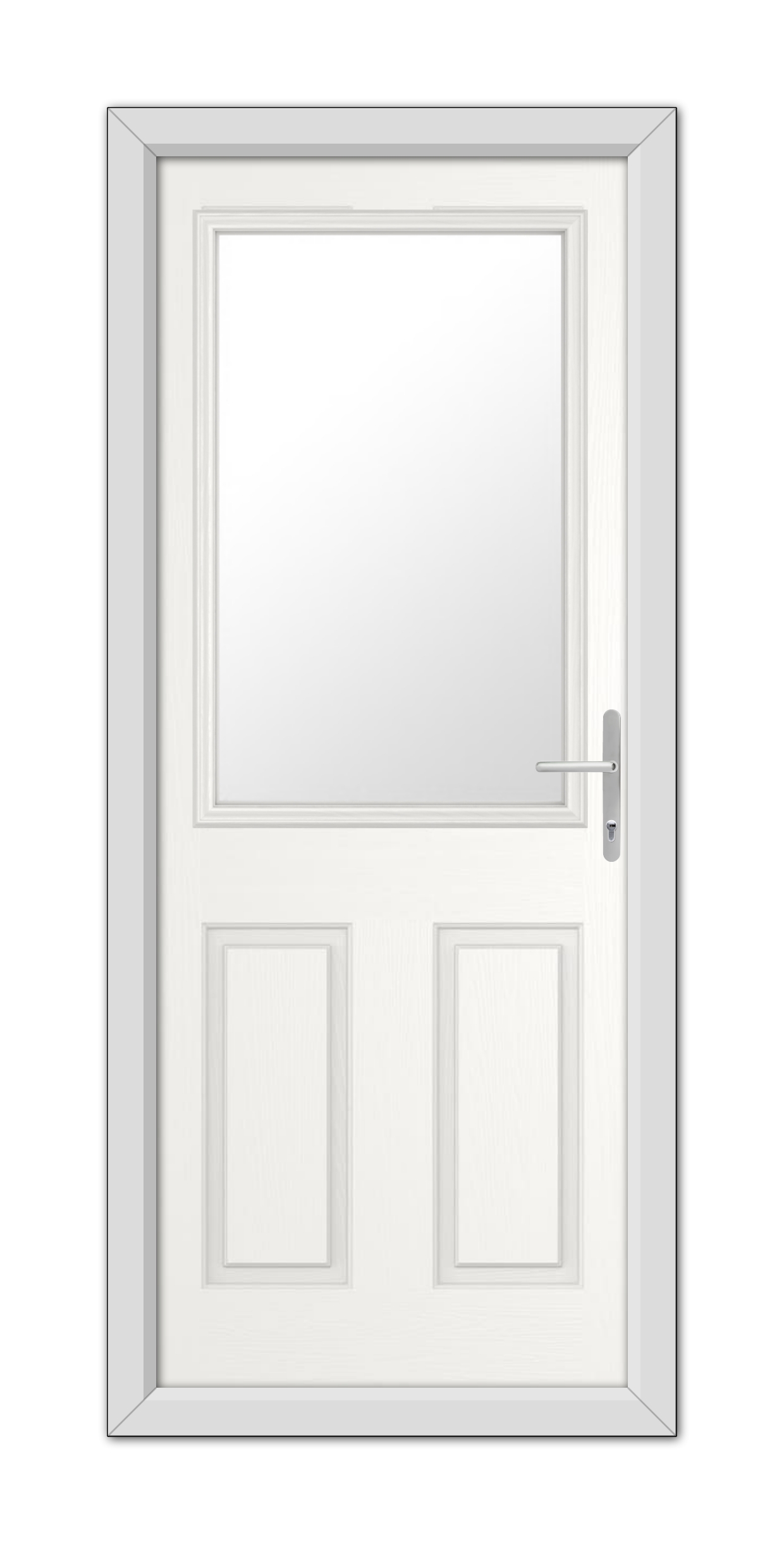 A White Buxton Composite Door 48mm Timber Core with a frosted glass window on the upper half, featuring a metallic handle on the right side, set within a simple frame.