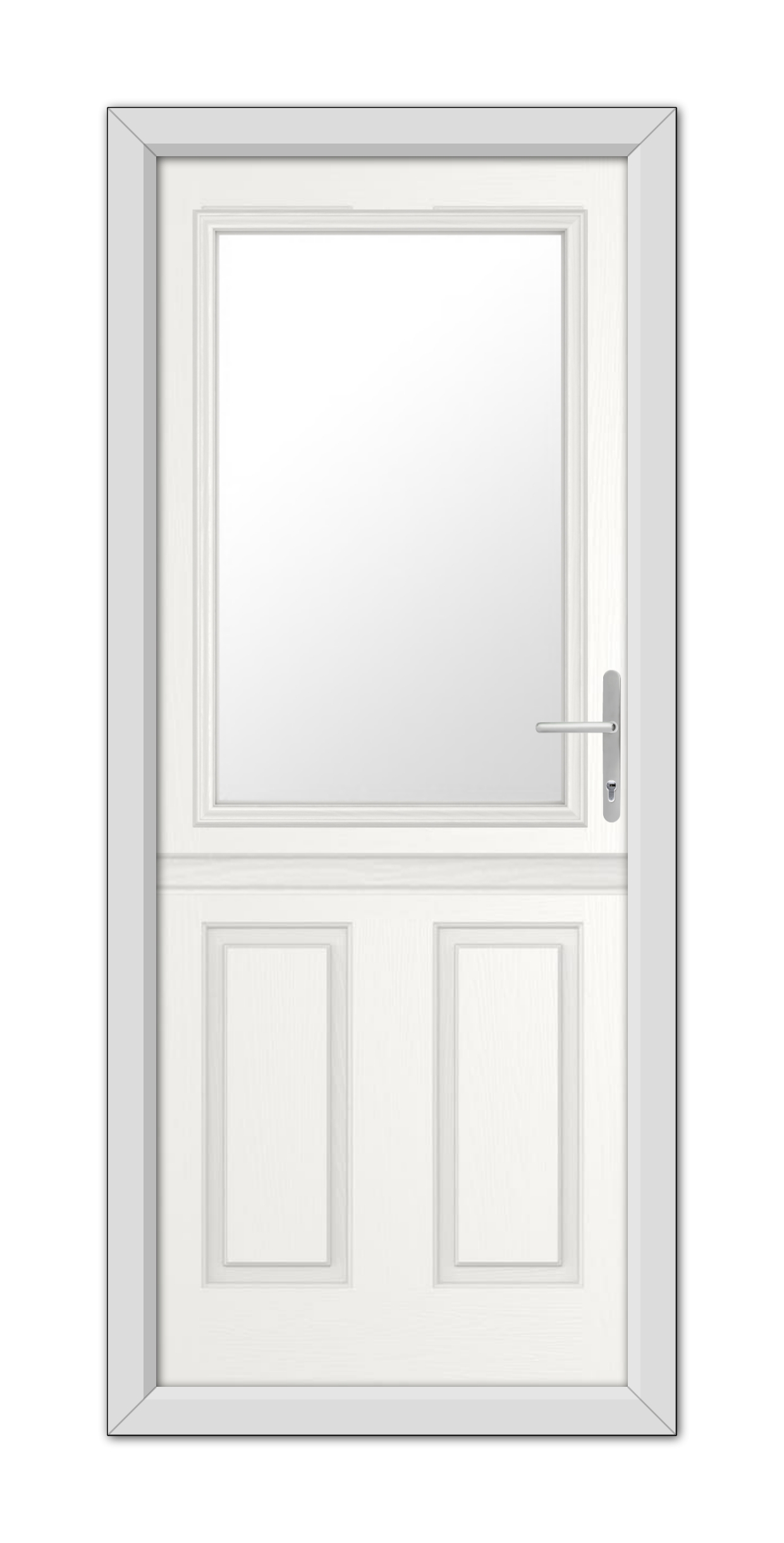 A White Buxton Stable Composite Door 48mm Timber Core with a glass panel on the top half, metal handle on the right, and framed by a plain white doorframe.