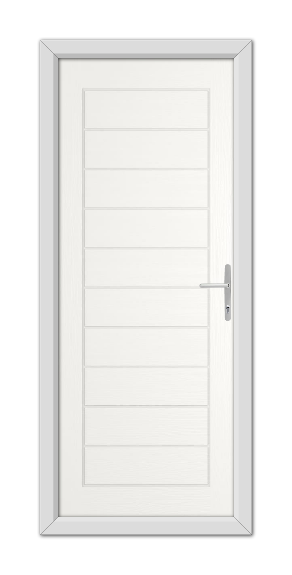 A modern White Cambridge Composite Door 48mm Timber Core with horizontal panels and a silver handle, framed within a simple white door frame.