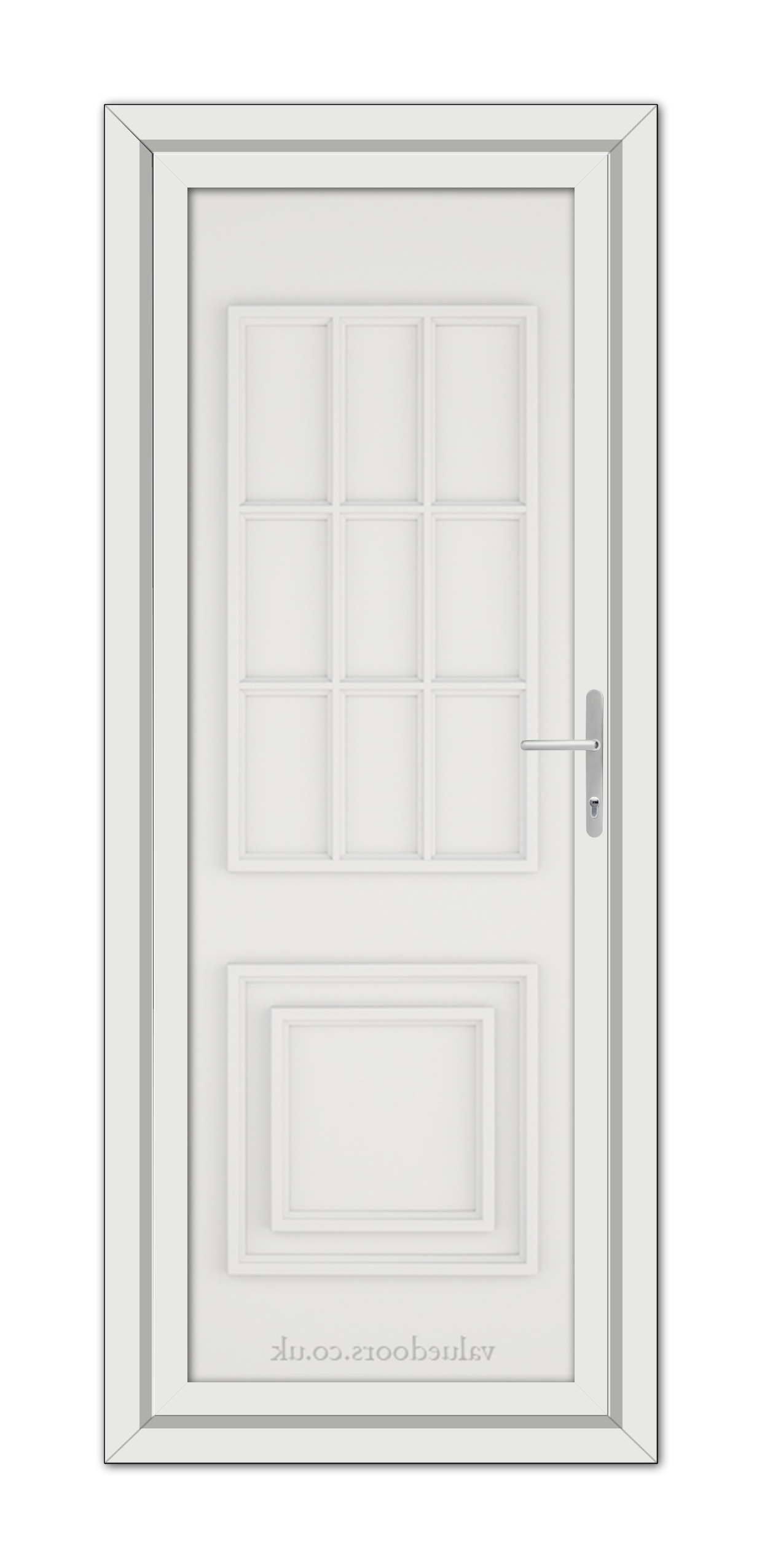 Closed white Cambridge One Solid uPVC door with a silver handle and multiple rectangular panels, encased in a frame, viewed from the front.