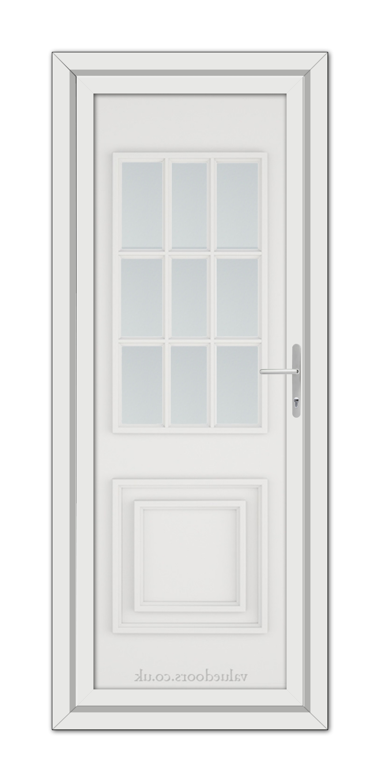 The White Cambridge One uPVC Door is a vertical rectangular door with a handled window, comprising nine frosted glass panes arranged in a 3x3 grid, and a lower decorative panel.