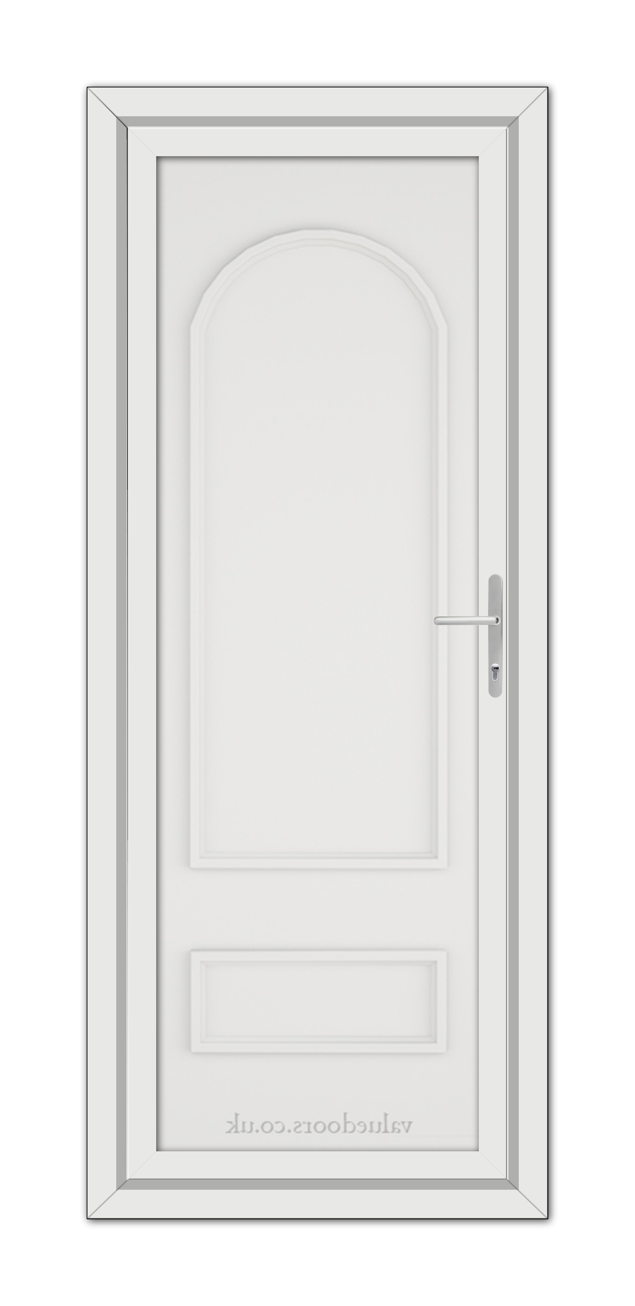 A White Canterbury Solid uPVC Door with an arched top and panels, featuring a silver handle on the right side, set within a simple grey frame.