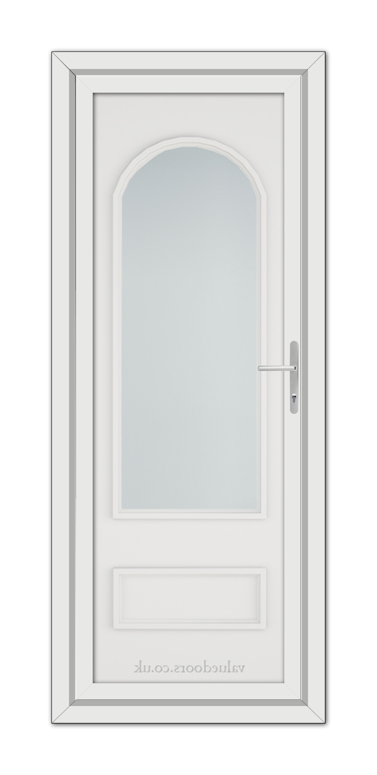 White Canterbury uPVC Door with an arched window and a metallic handle, set in a frame, viewed from the front.