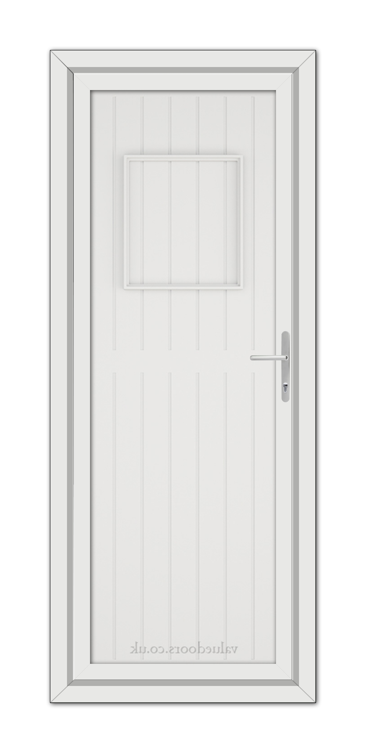 A White Chatsworth Solid uPVC Door with a rectangular window at the top and a metal handle on the right side, set in a white frame.