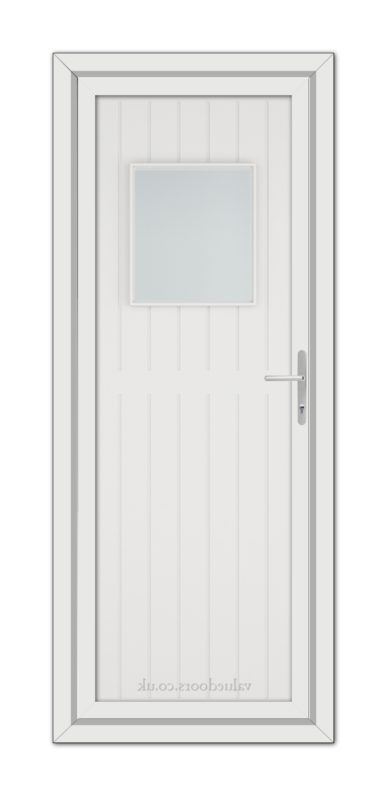 A White Chatsworth uPVC Door with a rectangular frosted glass window at the top and a metallic handle on the right side.