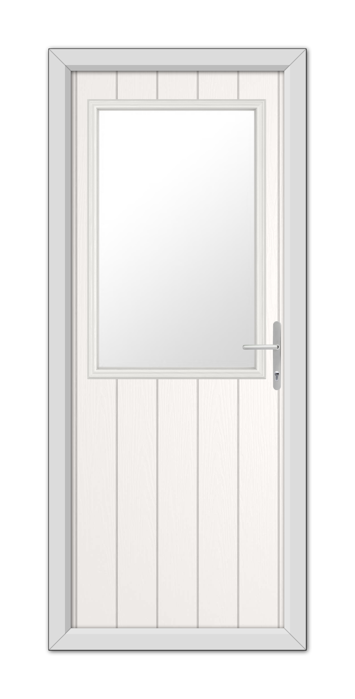 A White Clifton Composite Door 48mm Timber Core with a rectangular mirror in the center, featuring a metal handle on the right side.