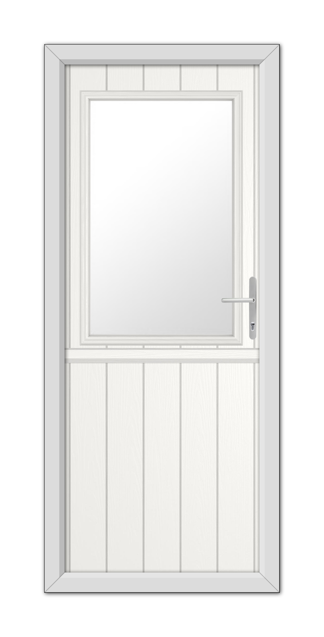 A White Clifton Stable Composite Door 48mm Timber Core with a closed panel, reflective glass, and a locking handle on the right side.