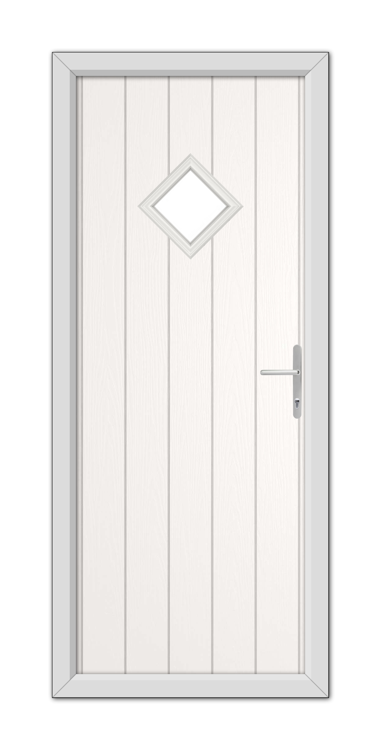 A White Cornwall Composite Door 48mm Timber Core with a diamond-shaped window at the top and a modern handle, set within a simple frame.