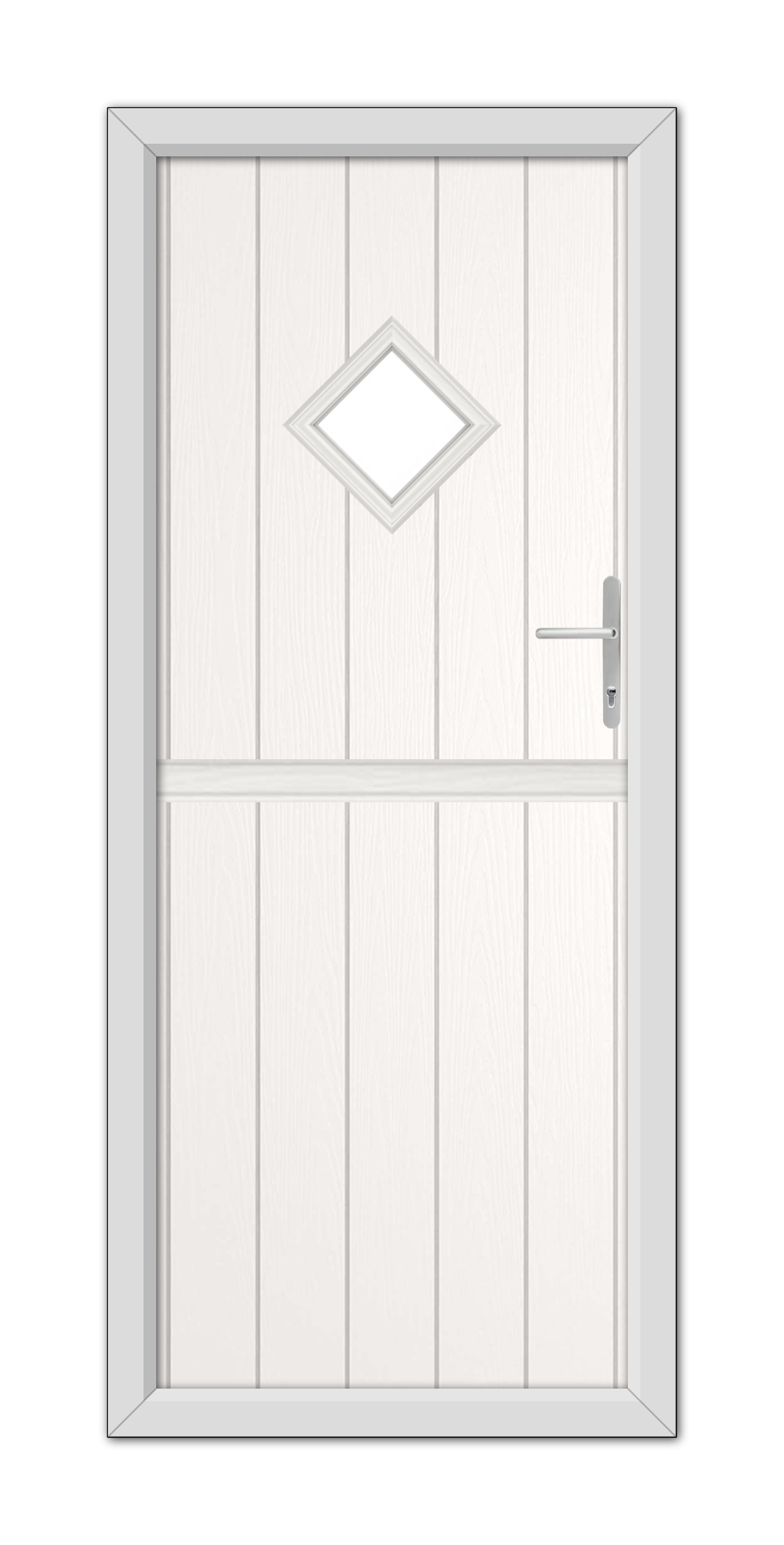 A modern White Cornwall Stable Composite Door 48mm Timber Core with a diamond-shaped window at the top, a horizontal panel in the middle, and a silver handle on the right side.