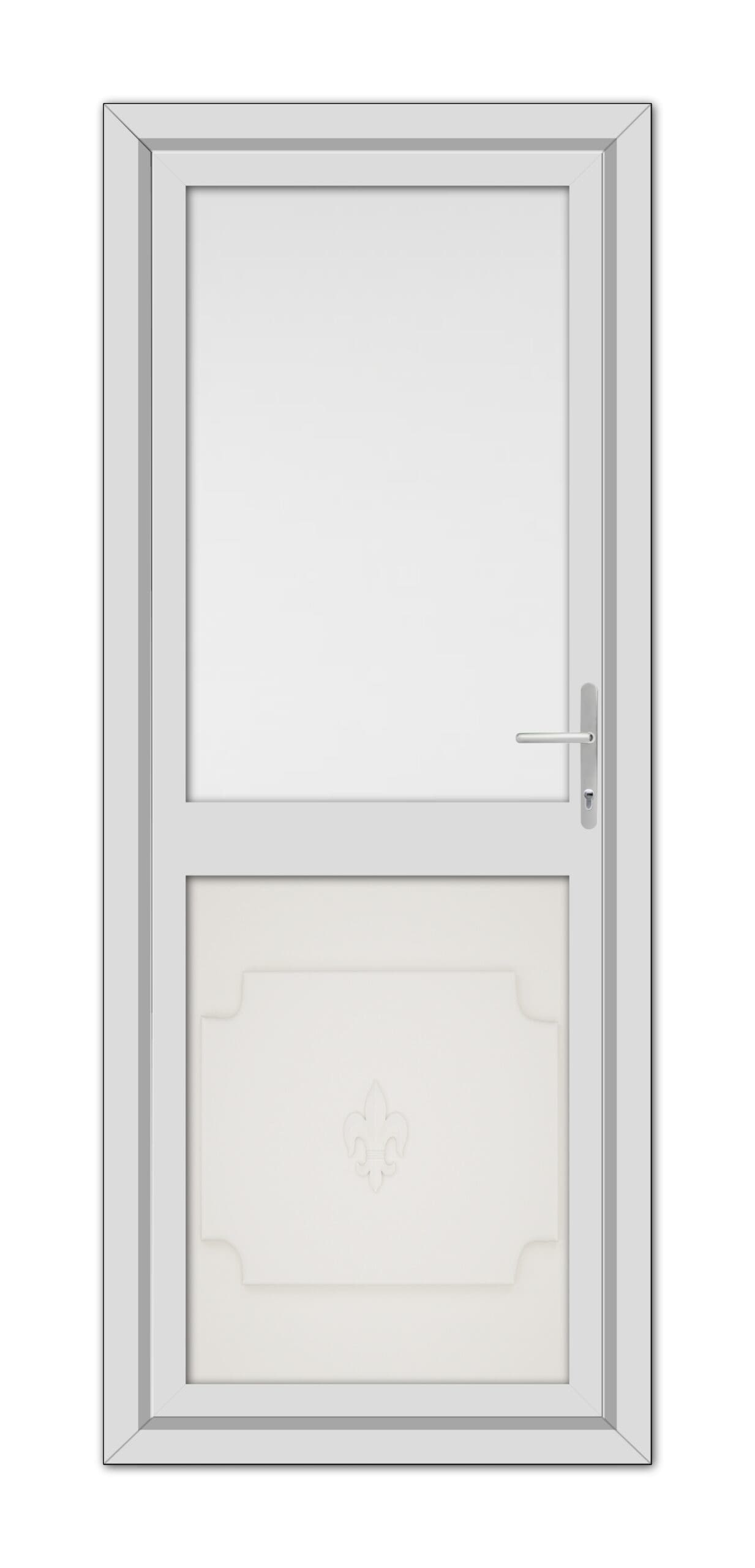 A modern White Cream Abbey Half uPVC Back Door featuring a square window at the top, a decorative raised panel at the bottom, and a metallic handle on the right side.