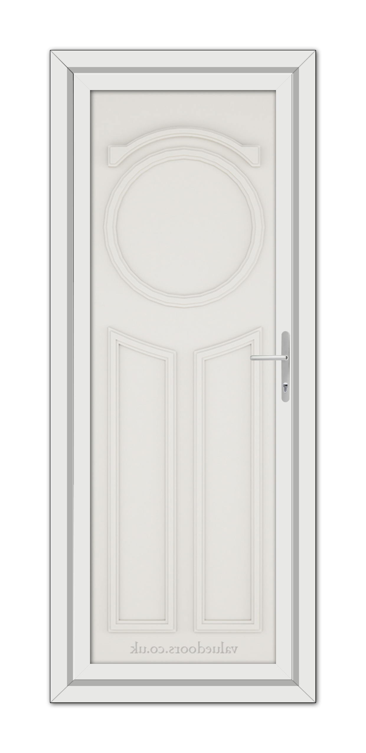 A White Cream Blenheim Solid uPVC Door featuring a circular window at the top, with a standard handle on the right side, within a plain frame.
