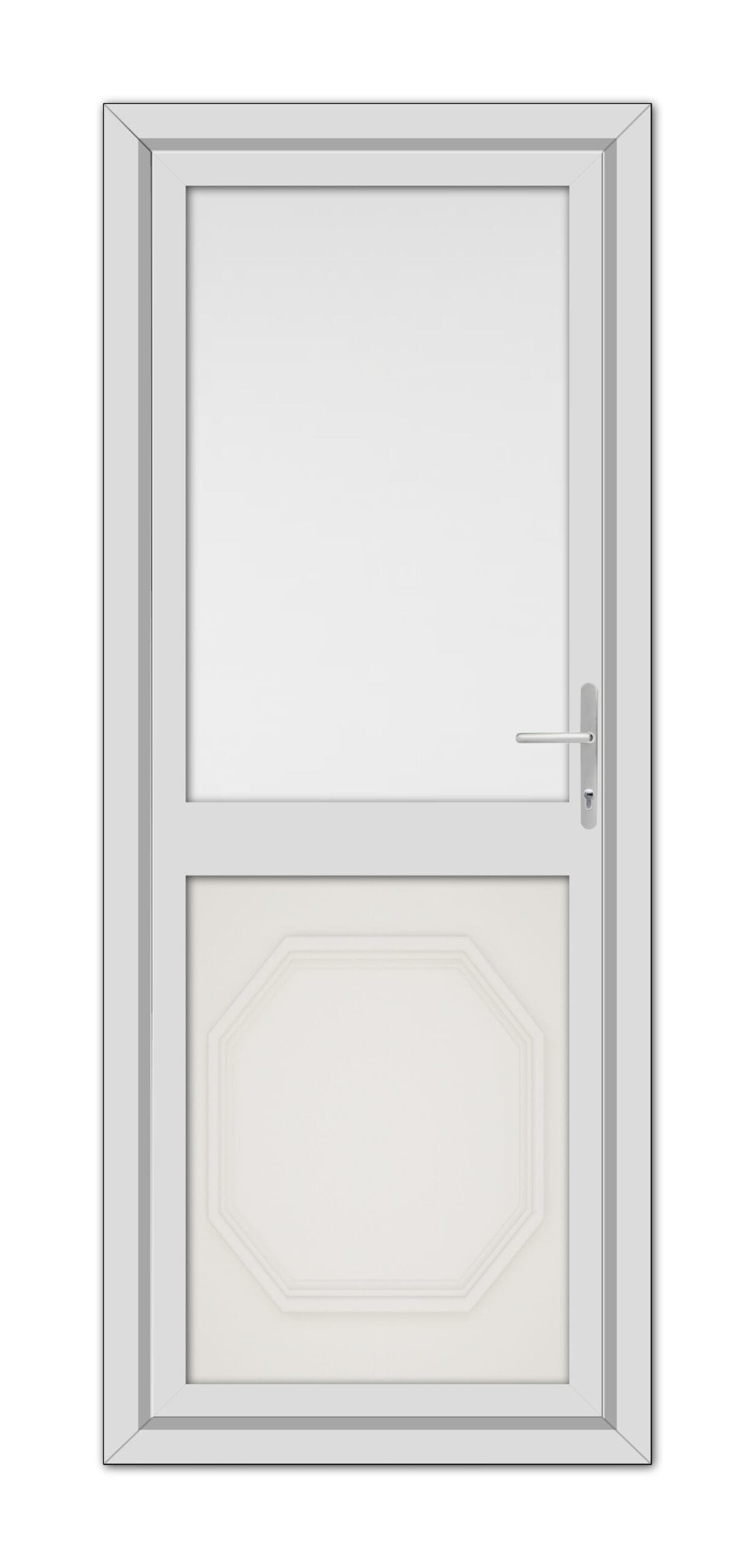 A modern White Cream Buckingham Half uPVC Back Door with a geometric hexagonal panel at the bottom and a square glass window at the top, equipped with a metallic handle on the right side.
