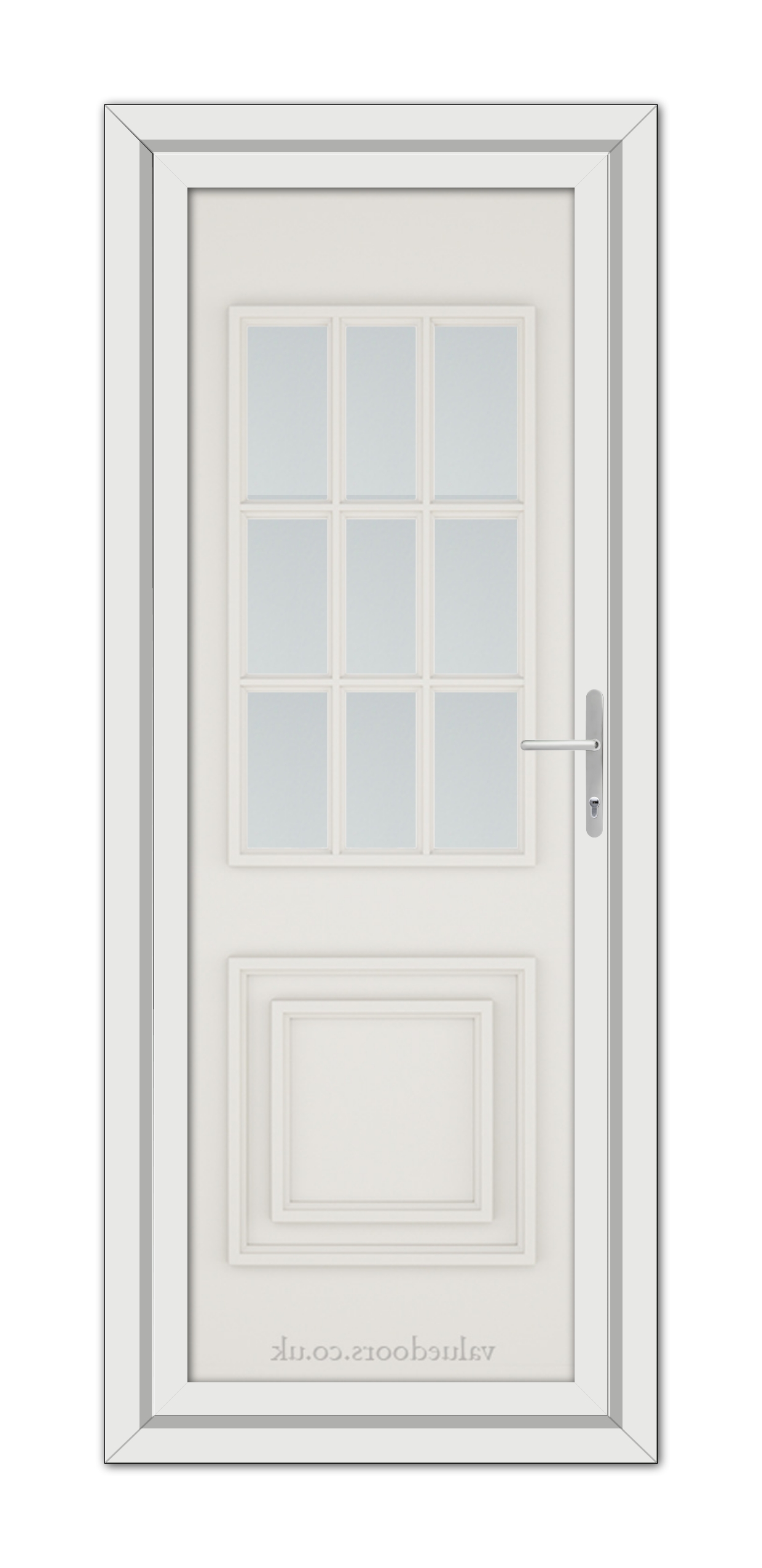 A vertical image of a closed White Cream Cambridge One uPVC Door with six frosted glass panes and a modern handle, set in a simple frame.
