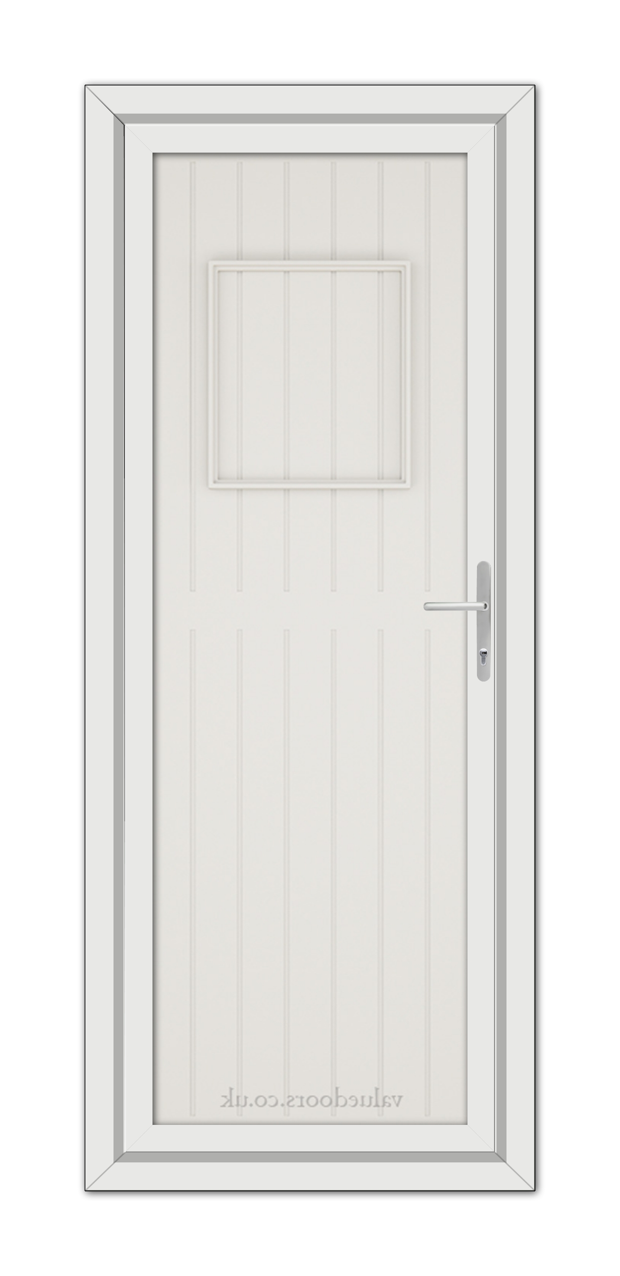 White Cream Chatsworth Solid uPVC Door with a small square window at the top and a metallic handle, set within a frame.