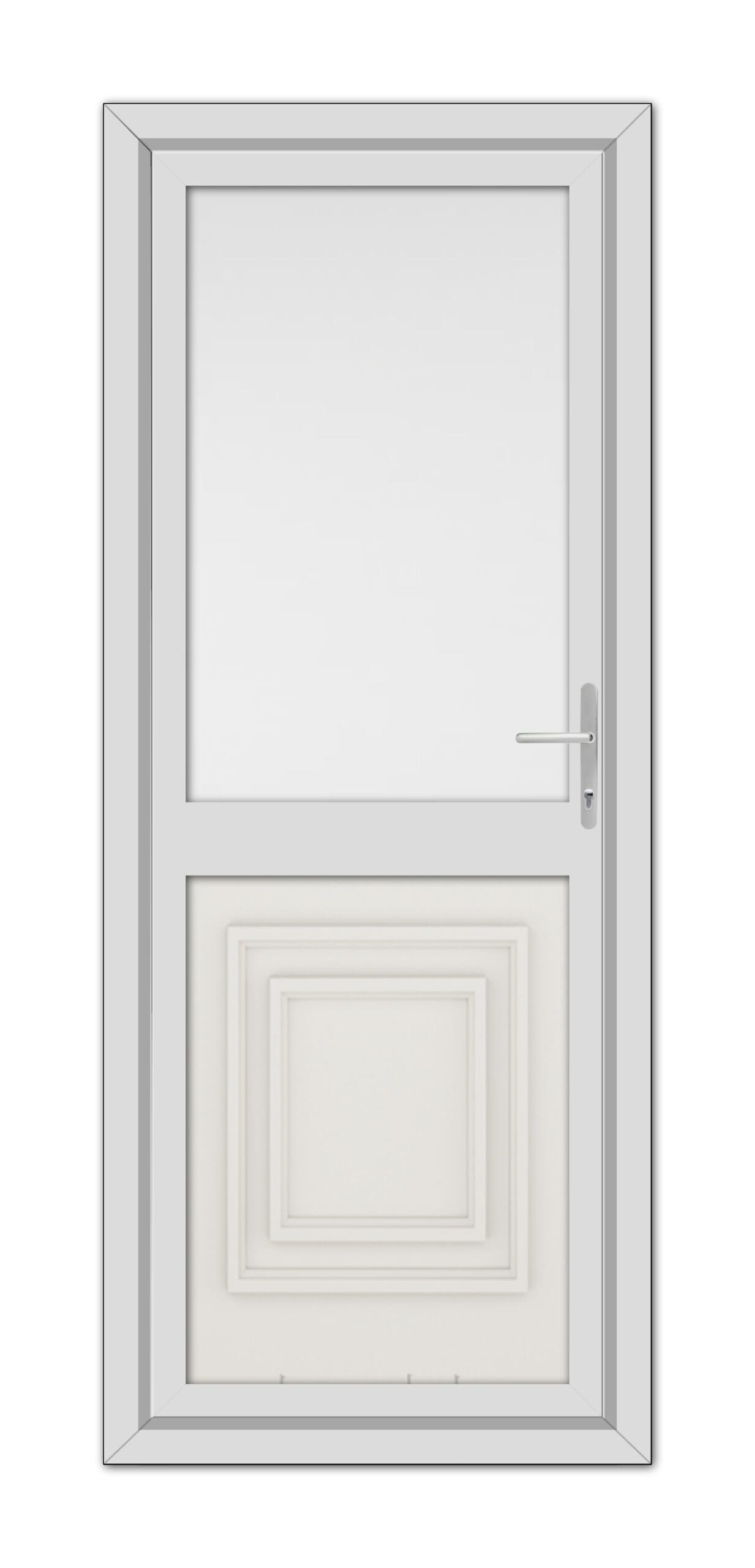 A modern White Cream Hannover Half uPVC Back Door with a metallic handle and a decorative rectangular panel at the bottom, isolated on a white background.