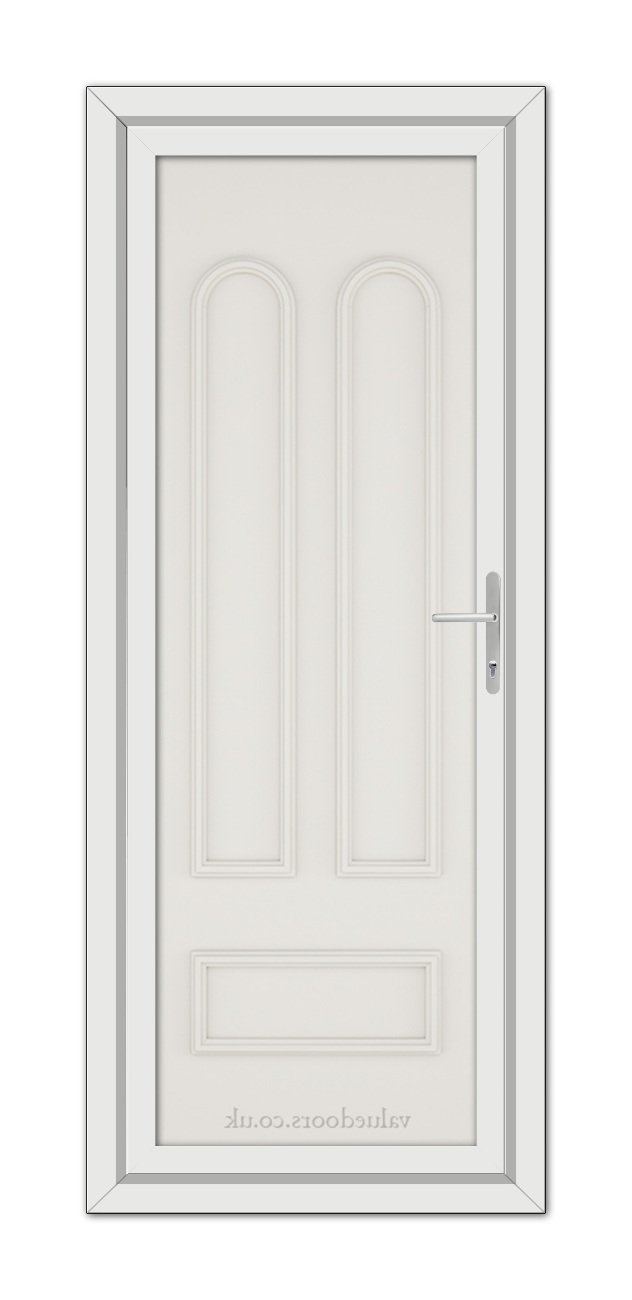 A modern White Cream Madrid Solid uPVC Door with a vertical double-panel design and a metallic handle, set within a simple frame.