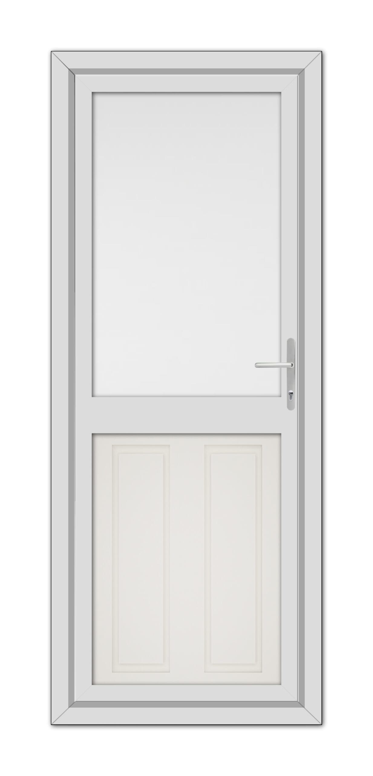 A White Cream Manor Half uPVC Back Door with a small window at the top, featuring a metal handle on the right side, set within a grey frame.