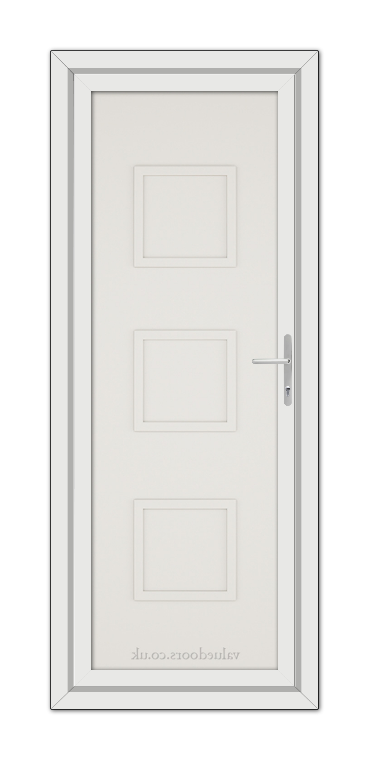 A vertical image of a closed White Cream Modern 5013 Solid uPVC Door featuring three rectangular panels and a metallic handle, set within a white frame.