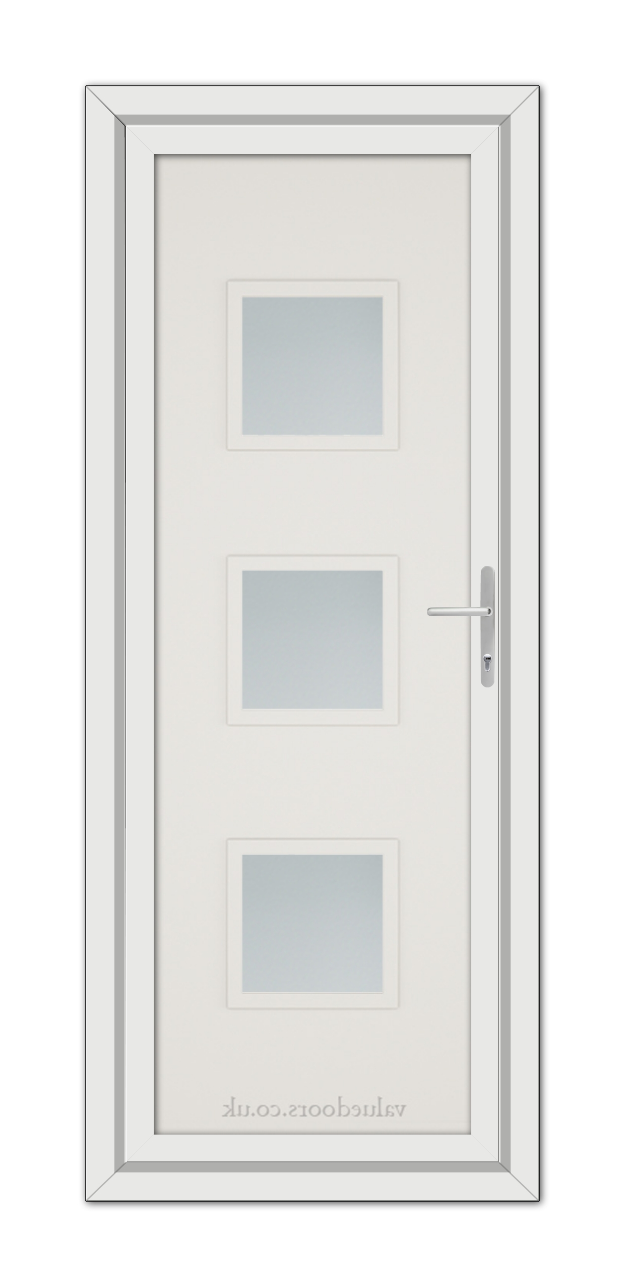 A White Cream Modern 5013 uPVC Door with three frosted glass panels and a metallic handle, displayed against a white background.