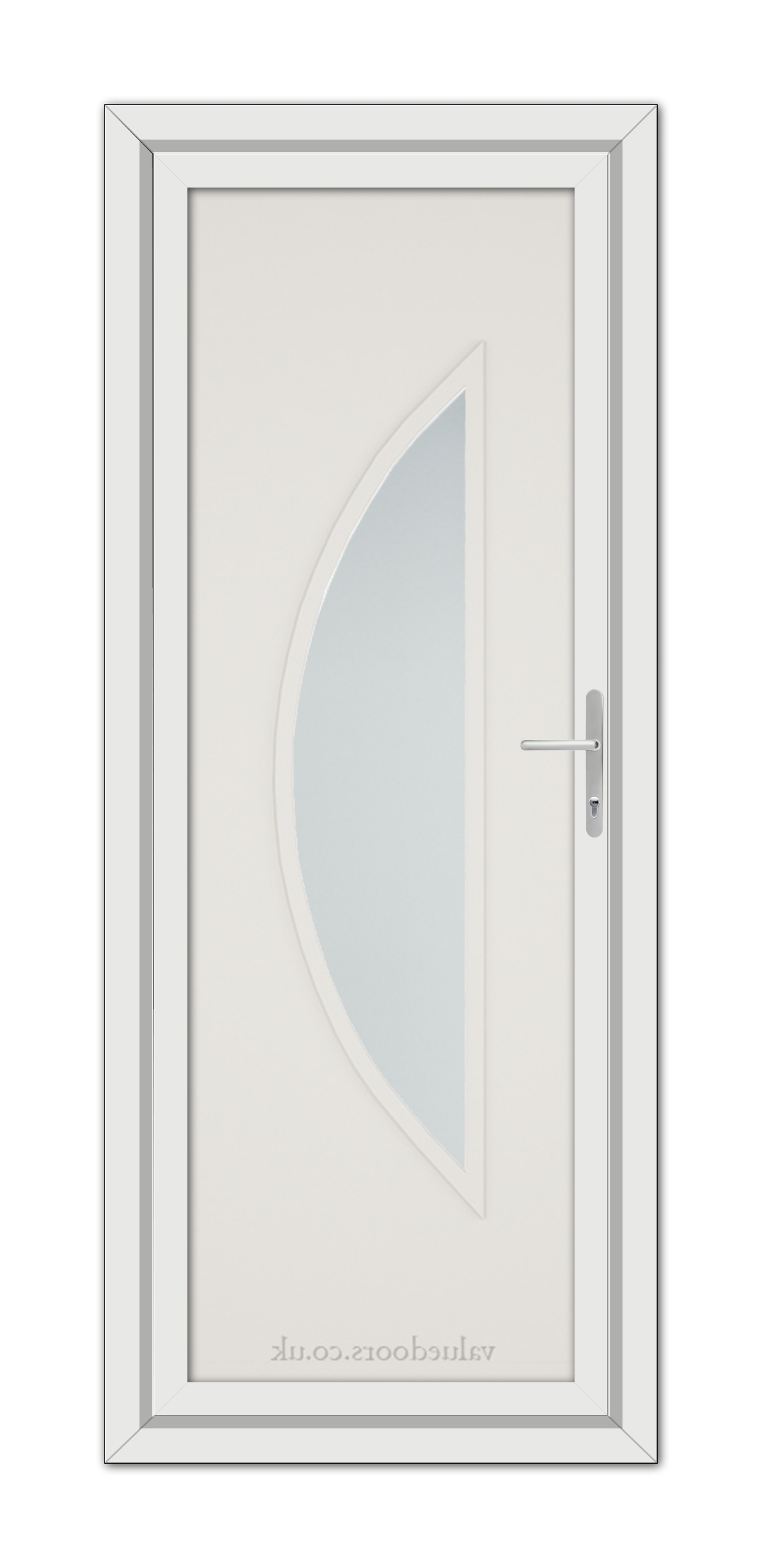 White Cream Modern 5051 uPVC Door with an elliptical frosted glass window and a modern handle, oriented vertically.