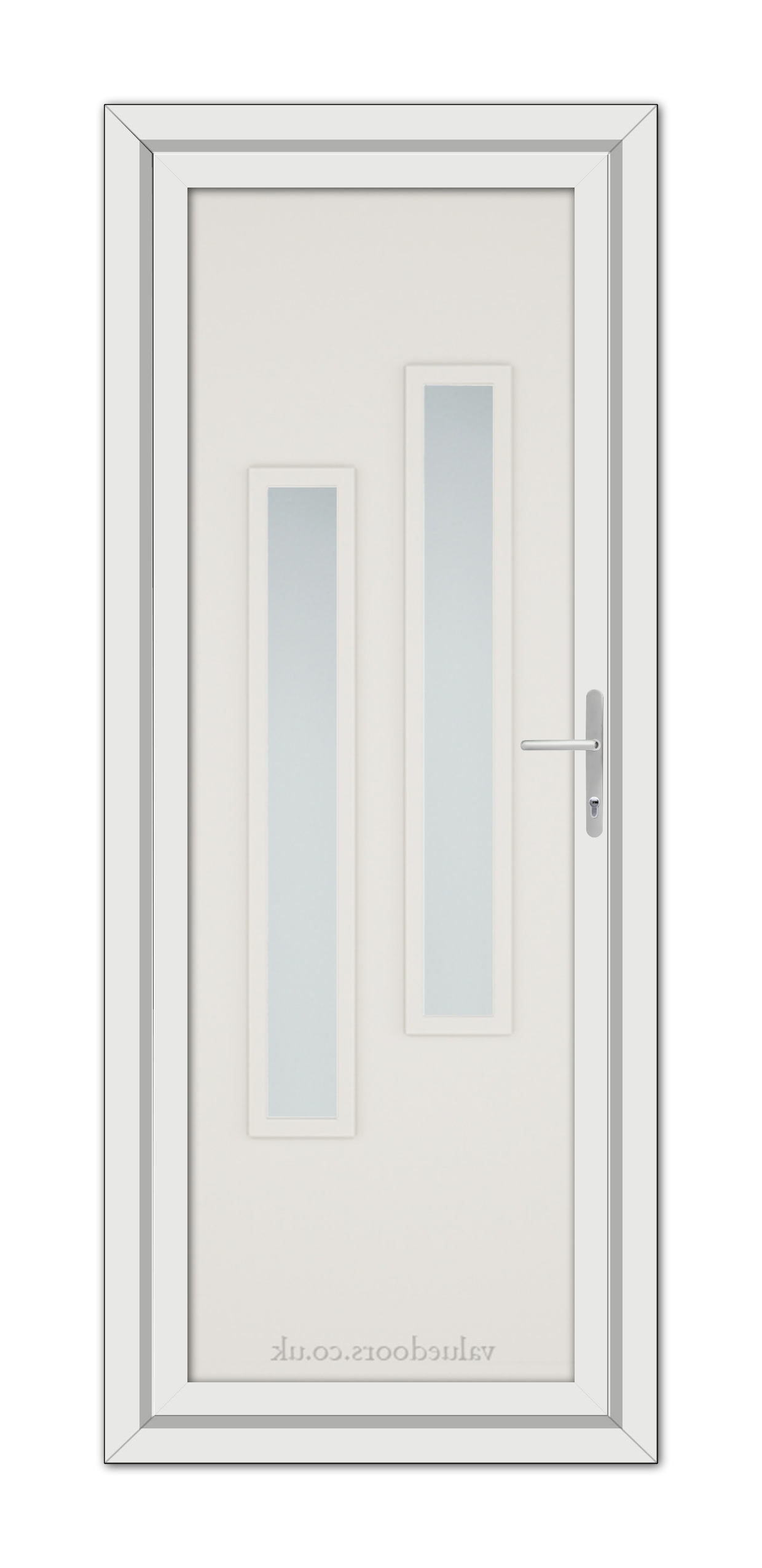A White Cream Modern 5082 uPVC door featuring two vertical glass panels and a silver handle, set within a simple grey frame.