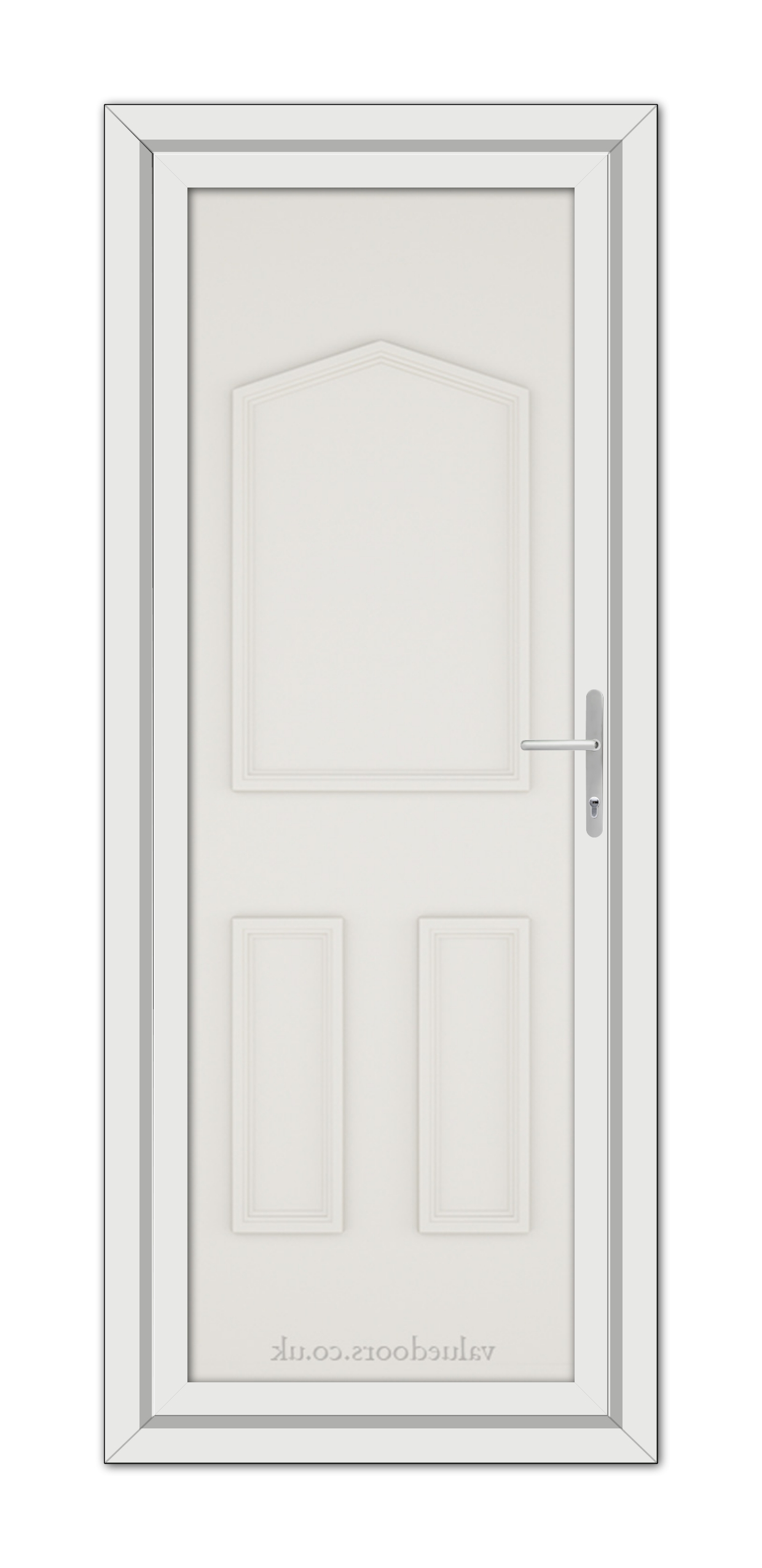 A White Cream Oxford Solid uPVC door with a silver handle.