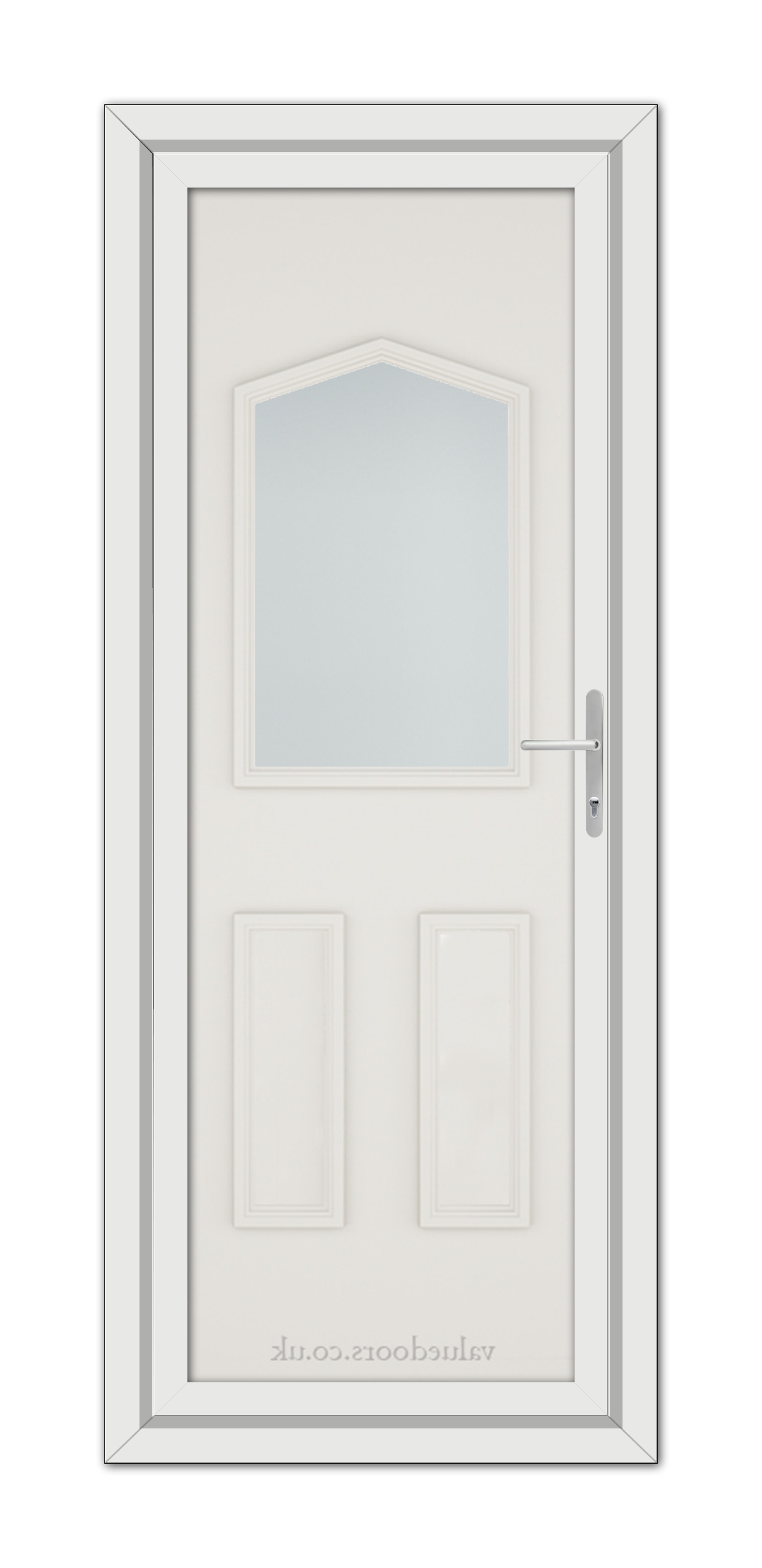 A vertical image of a White Cream Oxford uPVC Door with an arched glass window at the top and two recessed panels below, featuring a metallic handle on the right.