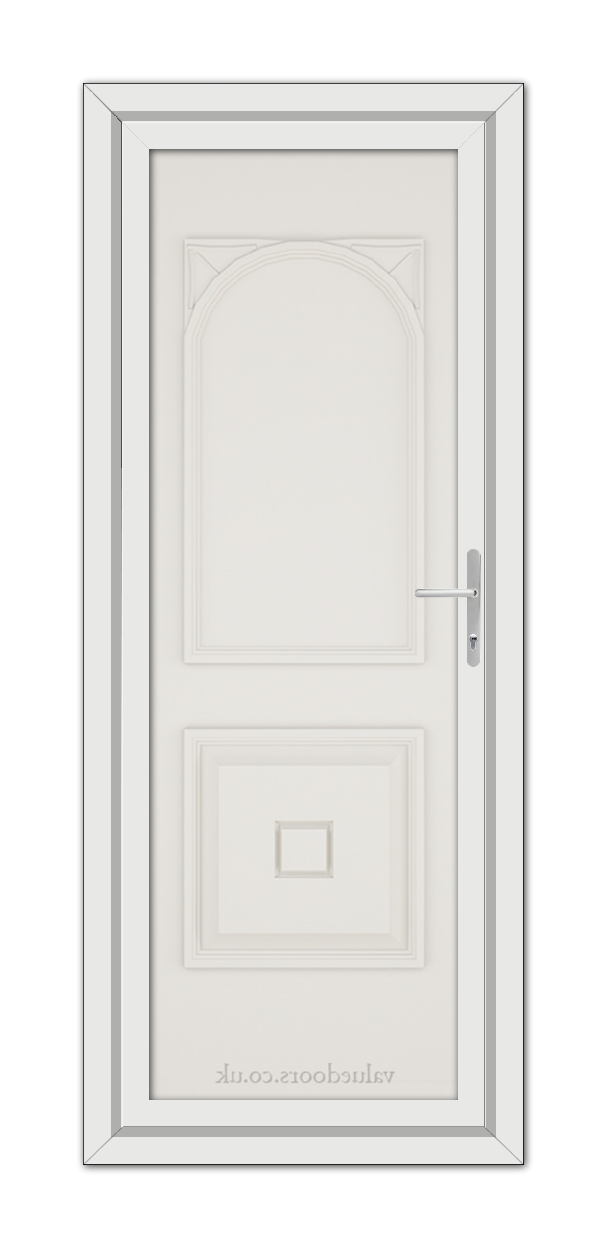 A White Cream Reims Solid uPVC Door with an arched top panel, a square bottom panel, and a metallic handle, set within a simple frame.
