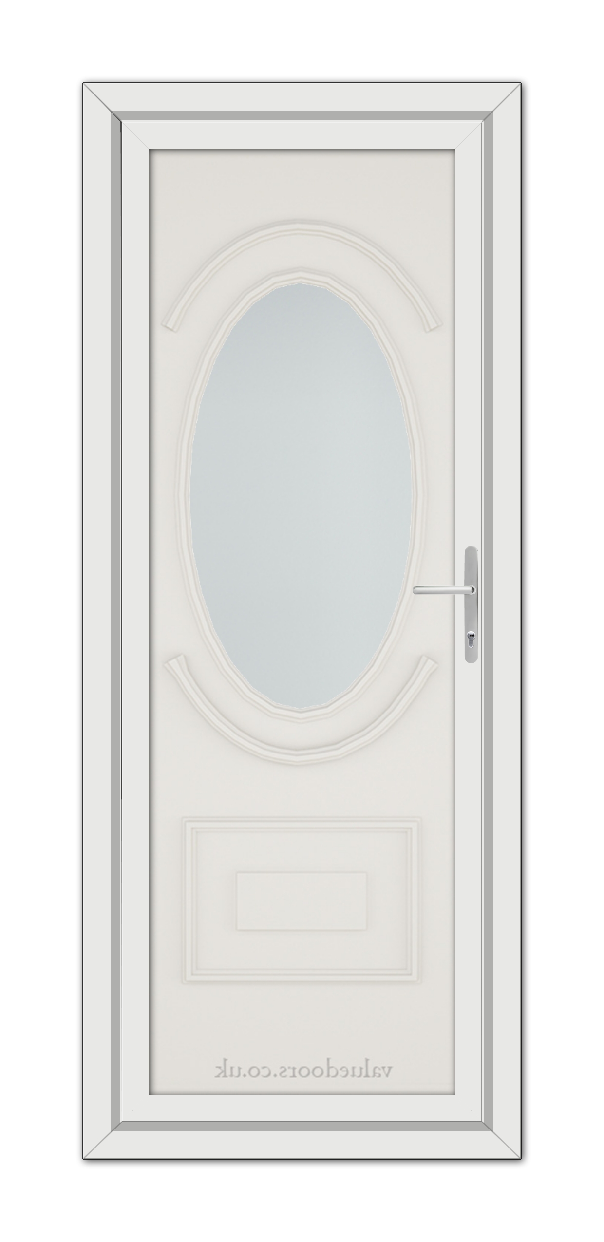 White Cream Richmond uPVC Door with an oval glass panel, a handle on the right side, and decorative molding.