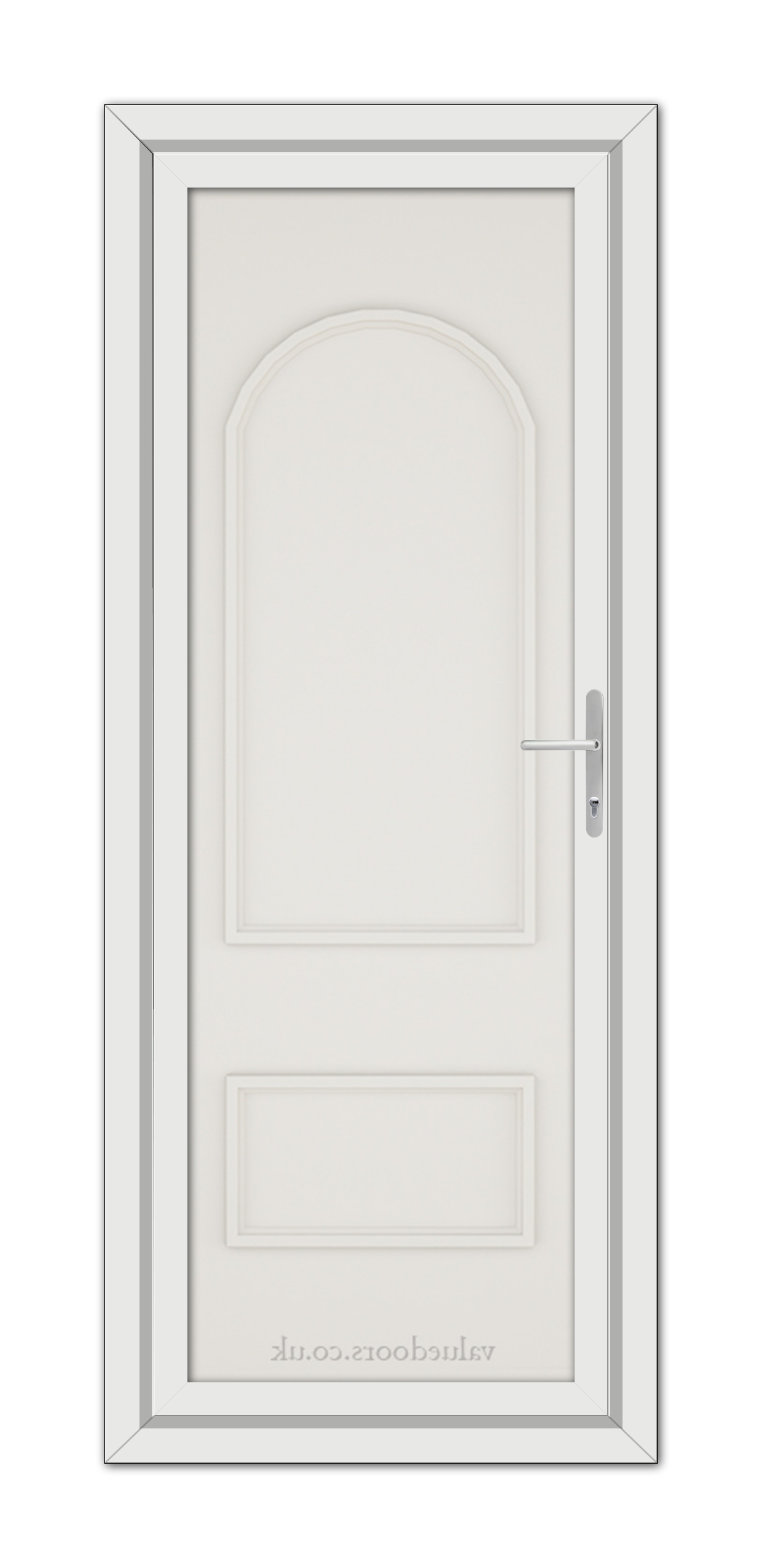White Cream Rockingham Solid uPVC Door in a frame with a metallic handle, positioned vertically, featuring an arched upper panel and a rectangular lower panel.
