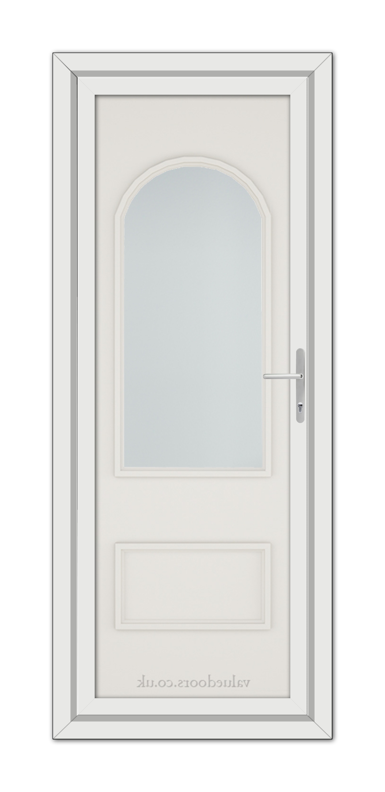 White Cream Rockingham uPVC door with a large frosted glass window at the top, a metallic handle on the right, and a visible manufacturer's stamp at the bottom.