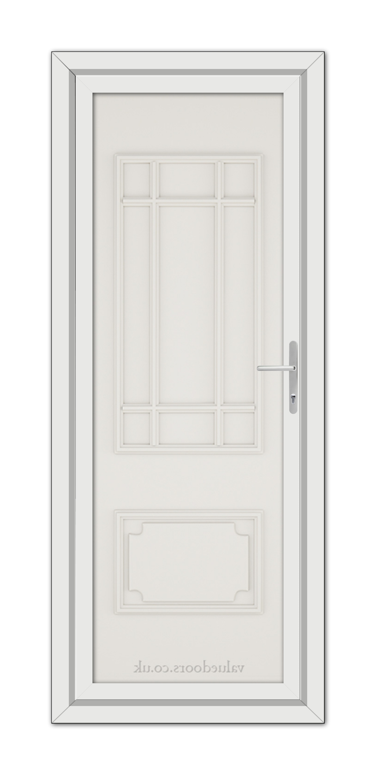 A White Cream Seville Solid uPVC Door with a vertical handle and decorative glass panels at the top, set in a simple frame.