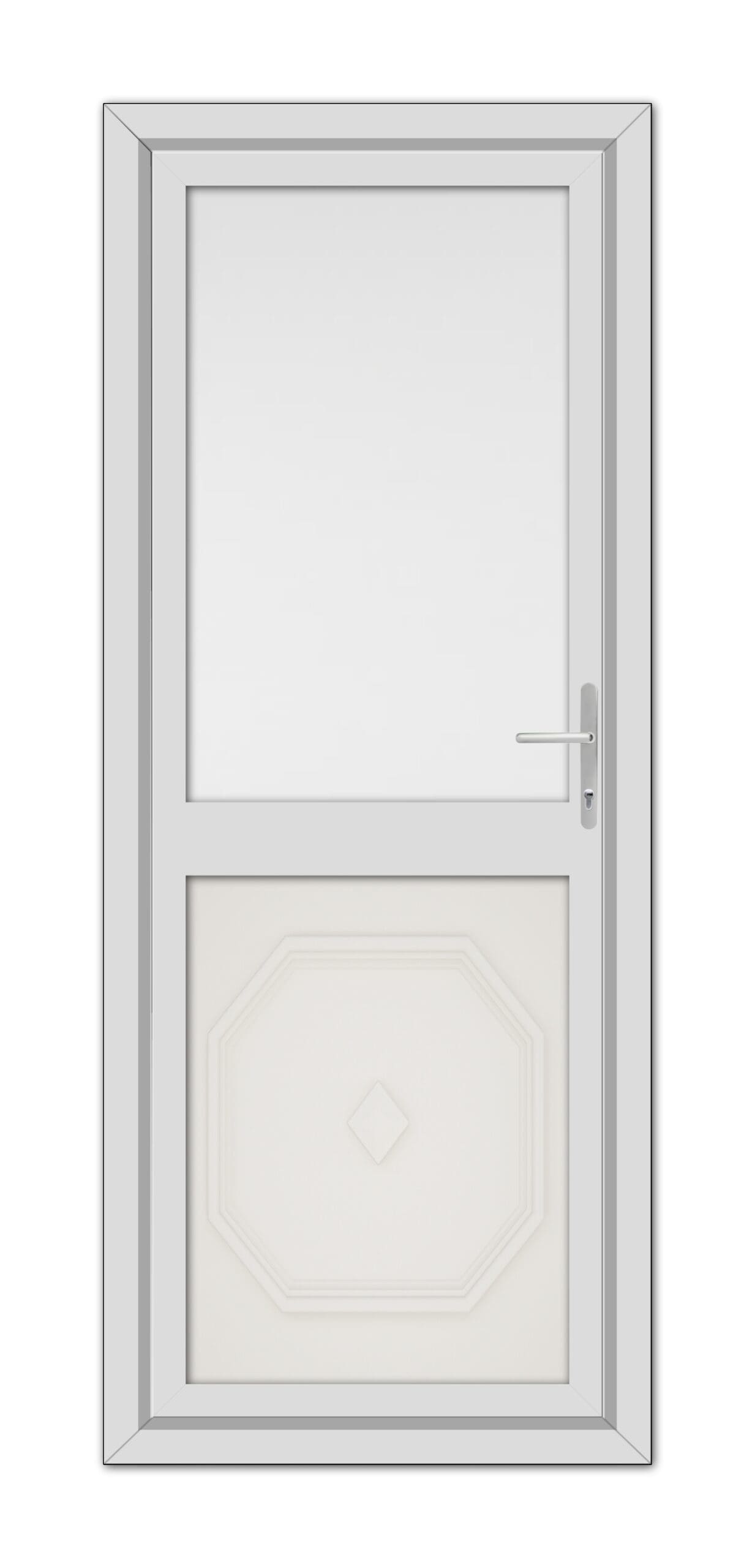 A White Cream Westminster Half uPVC Back Door with a geometric panel design at the bottom, a clear glass window at the top, and a silver handle, isolated on a white background.