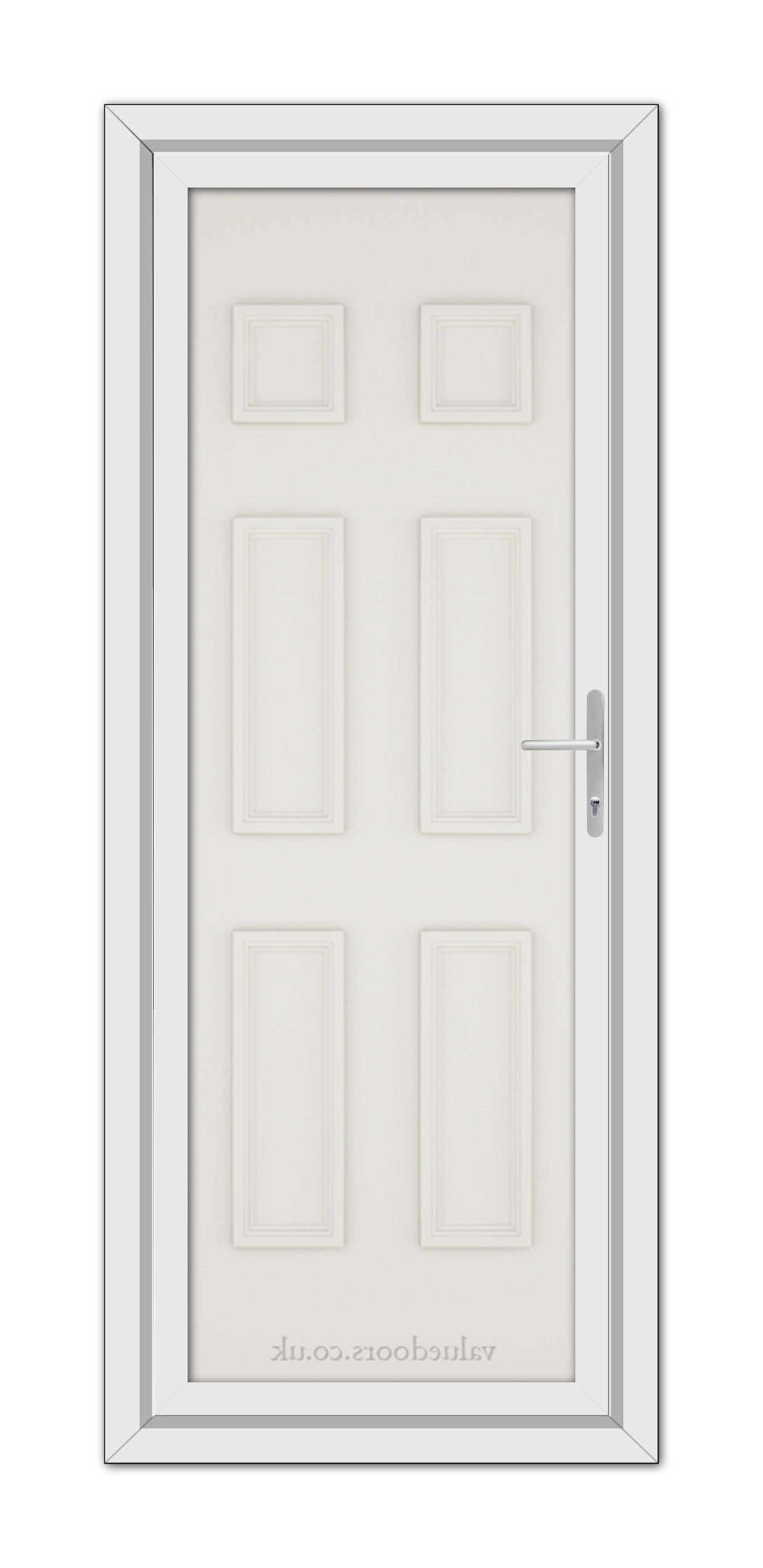 A vertical image of a closed White Cream Windsor Solid uPVC Door with six panels and a silver handle, set within a grey frame, viewed from the front.