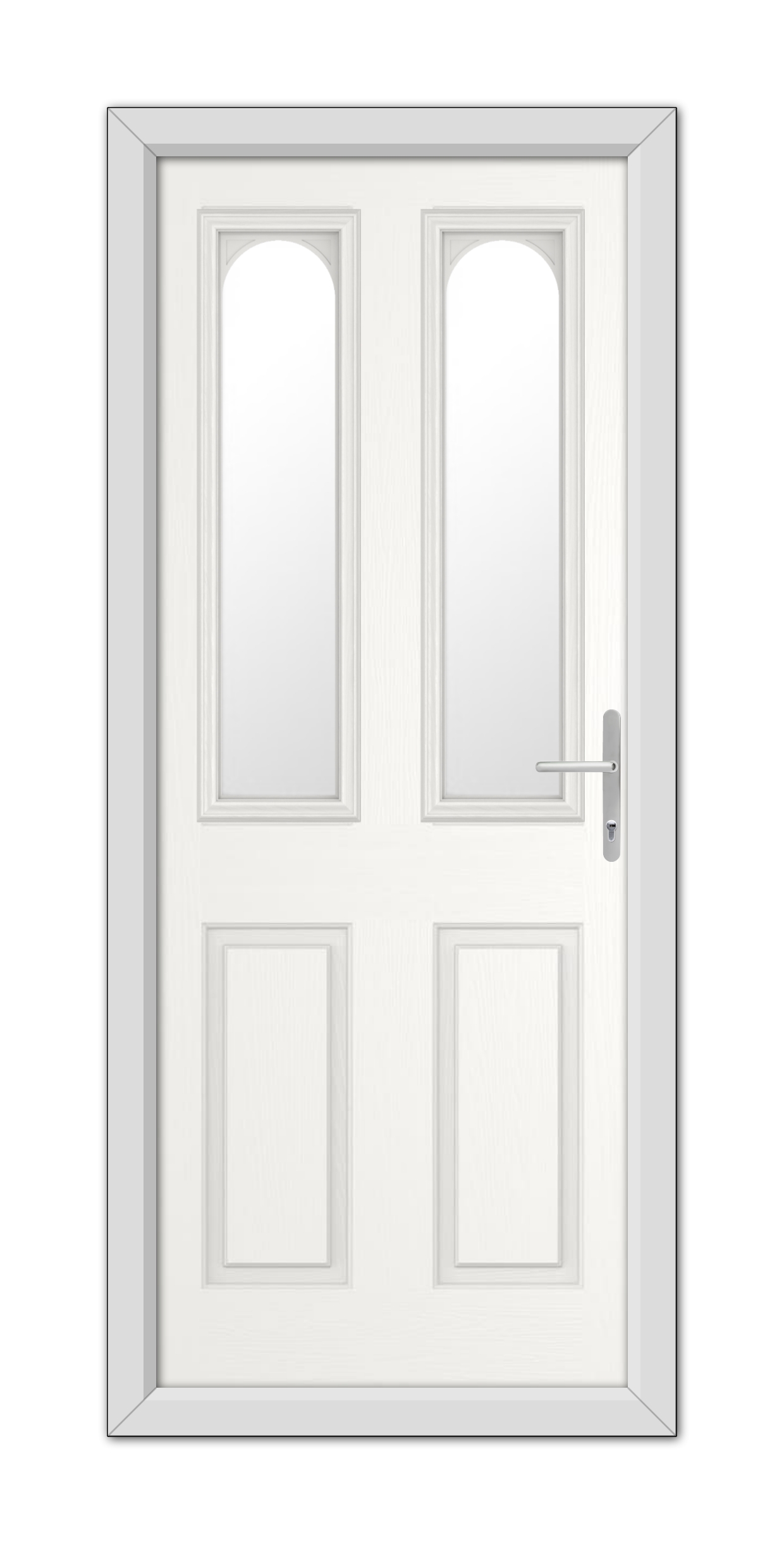 A White Elmhurst Composite Door 48mm Timber Core with glass panels on the top half and wood panels on the bottom half, featuring a simple silver handle on the right.