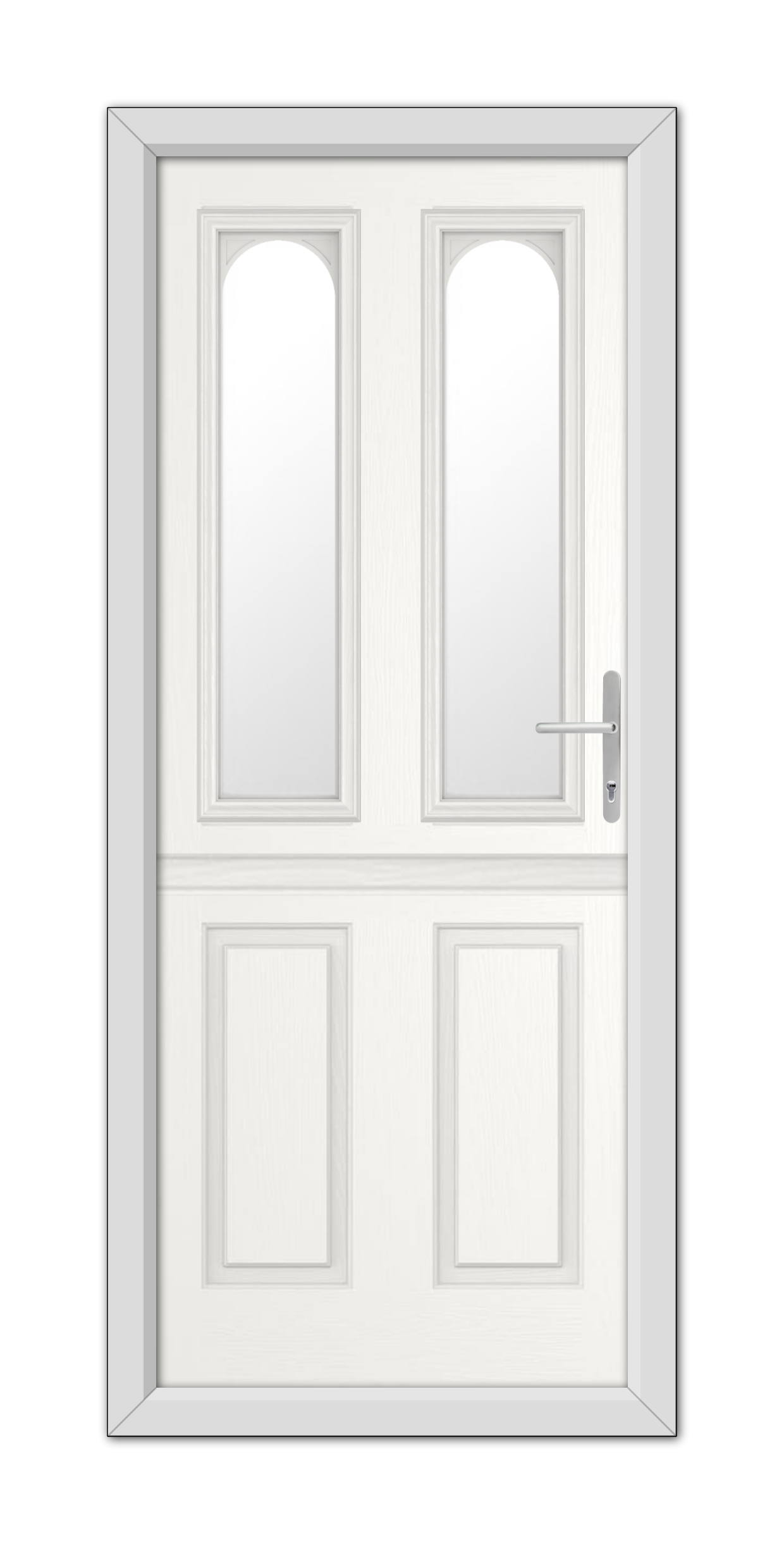 White Elmhurst Stable Composite Door 48mm Timber Core with rectangular glass panels on top, solid panels on the bottom, and a metallic handle on the right.