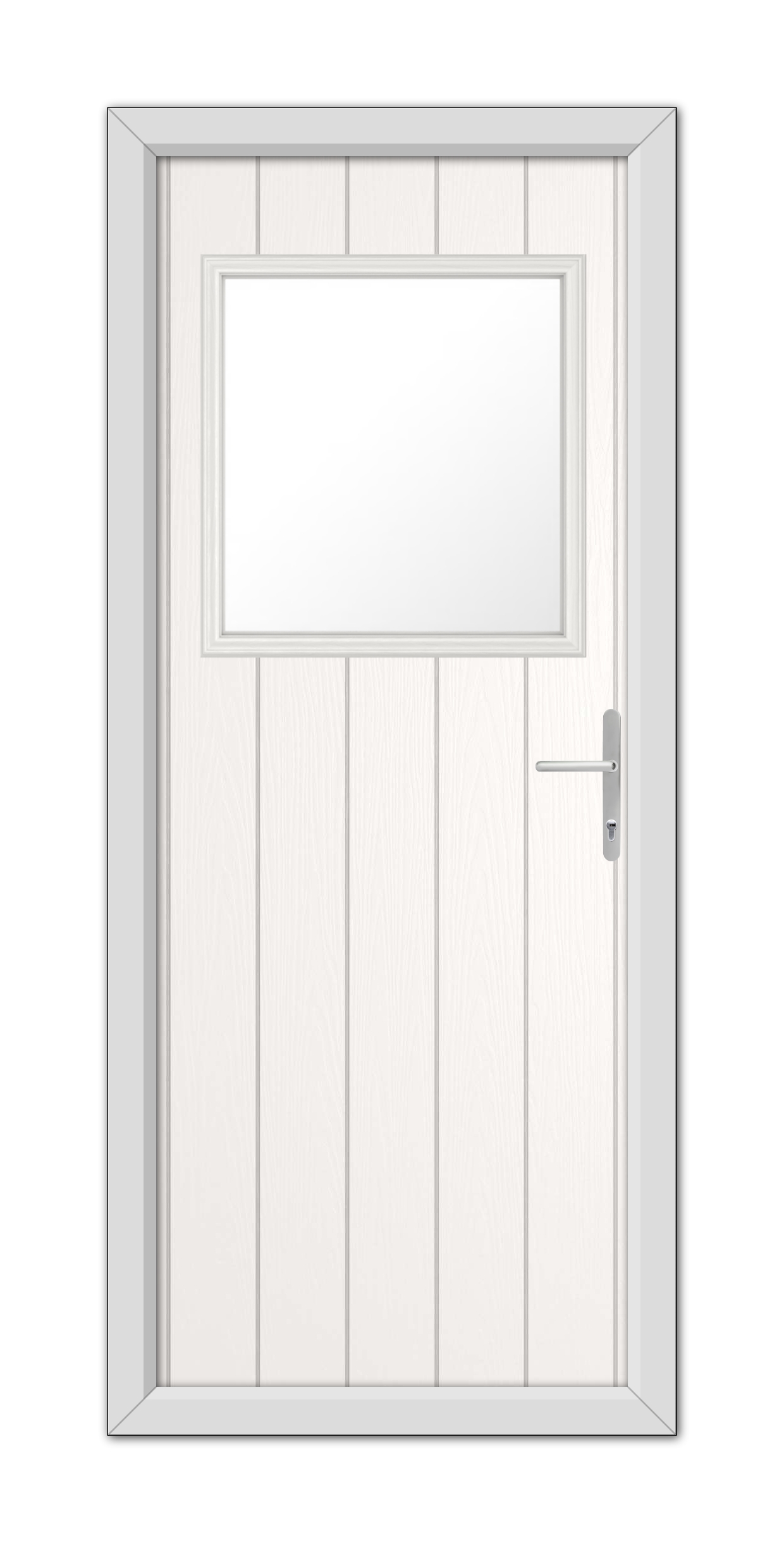 A modern White Fife Composite Door 48mm Timber Core featuring a rectangular window at the top and a metal handle on the right side.